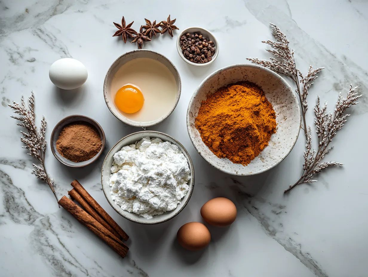 Ingredients for making spiced creamy pumpkin roll, including pumpkin puree, spices, flour, and cream cheese.