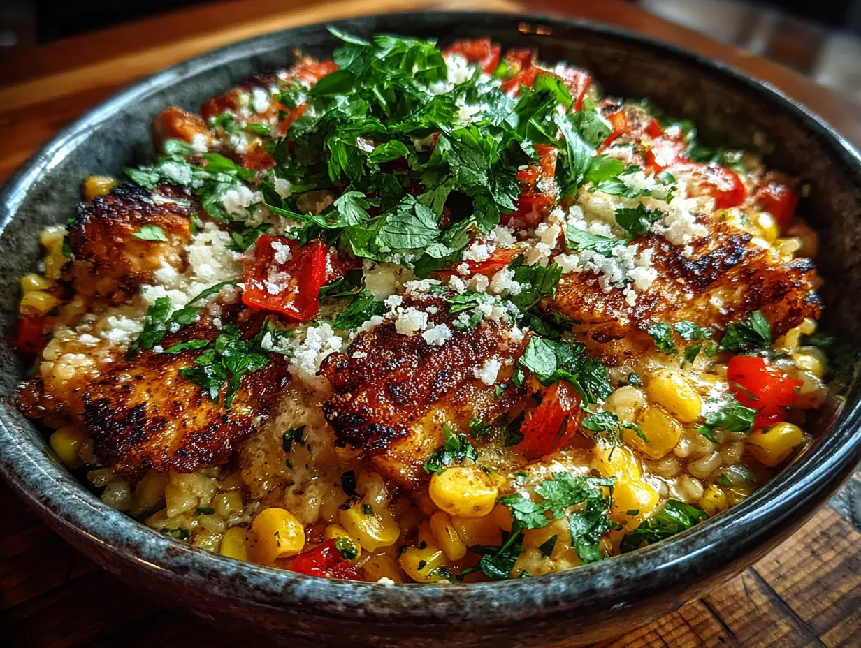 Spicy Mexican Street Corn Chicken Rice Bowl Plated