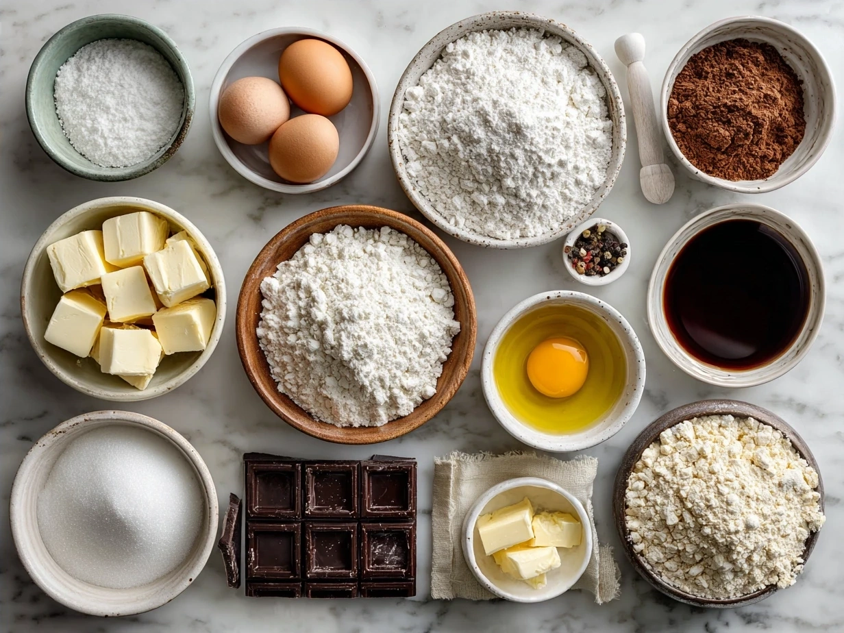 Ingredients for Stained Glass Cookies including flour, baking powder, butter, sugar, eggs, vanilla extract and hard candies