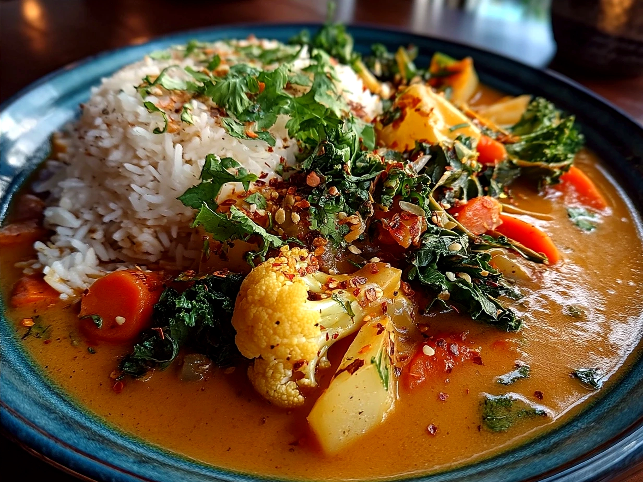 Serving bowl of creamy African Peanut Soup with crusty bread on the side