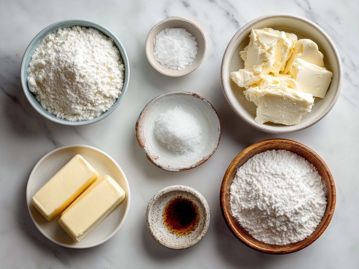 Ingredients for Alfredo Sauce including butter, cream, parmesan cheese, garlic, and seasonings