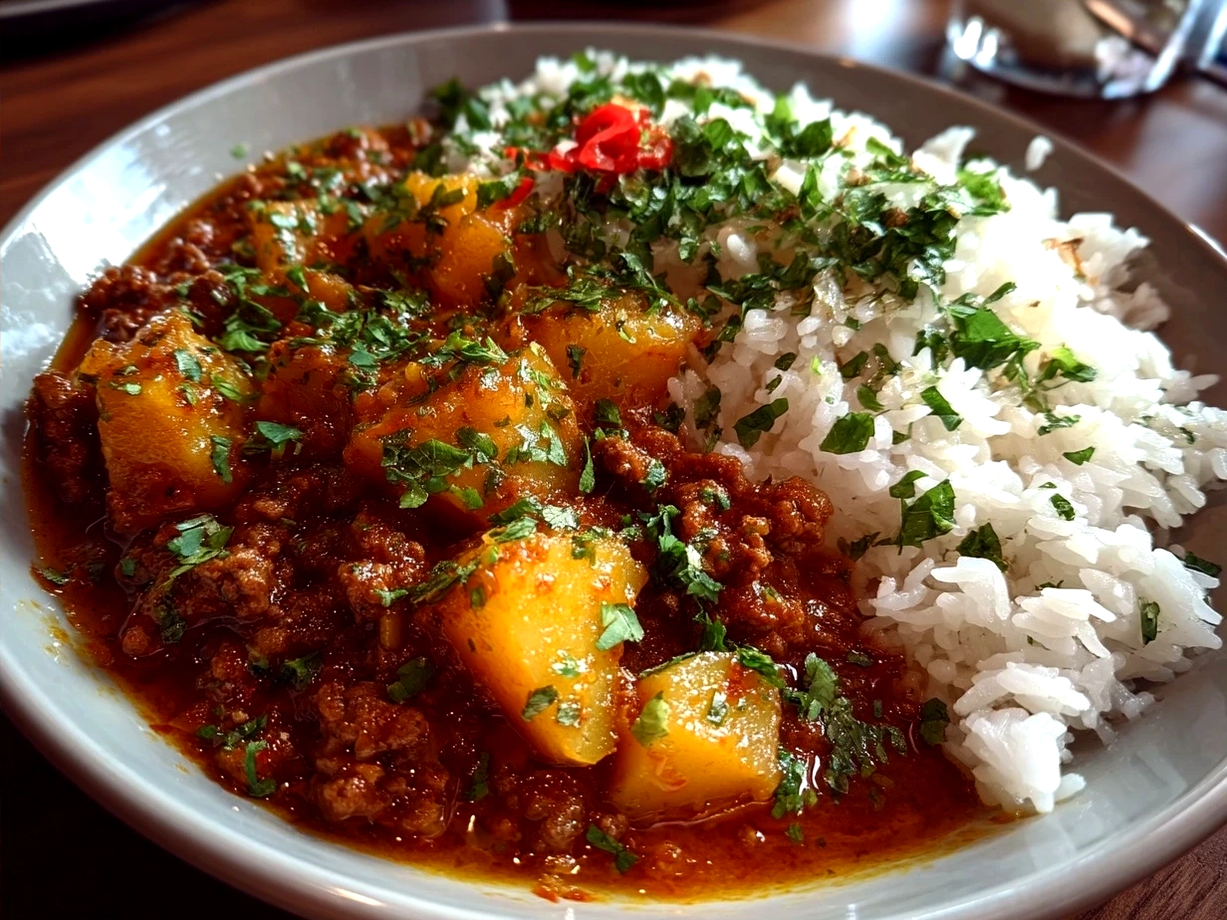 Serving of Aloo Keema Curry with fresh coriander garnish