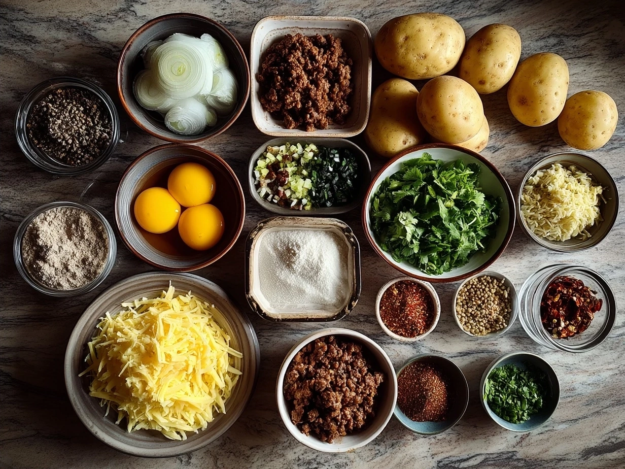 Ingredients for Aloo Keema Curry including minced meat, potatoes, onions, garlic, and spices