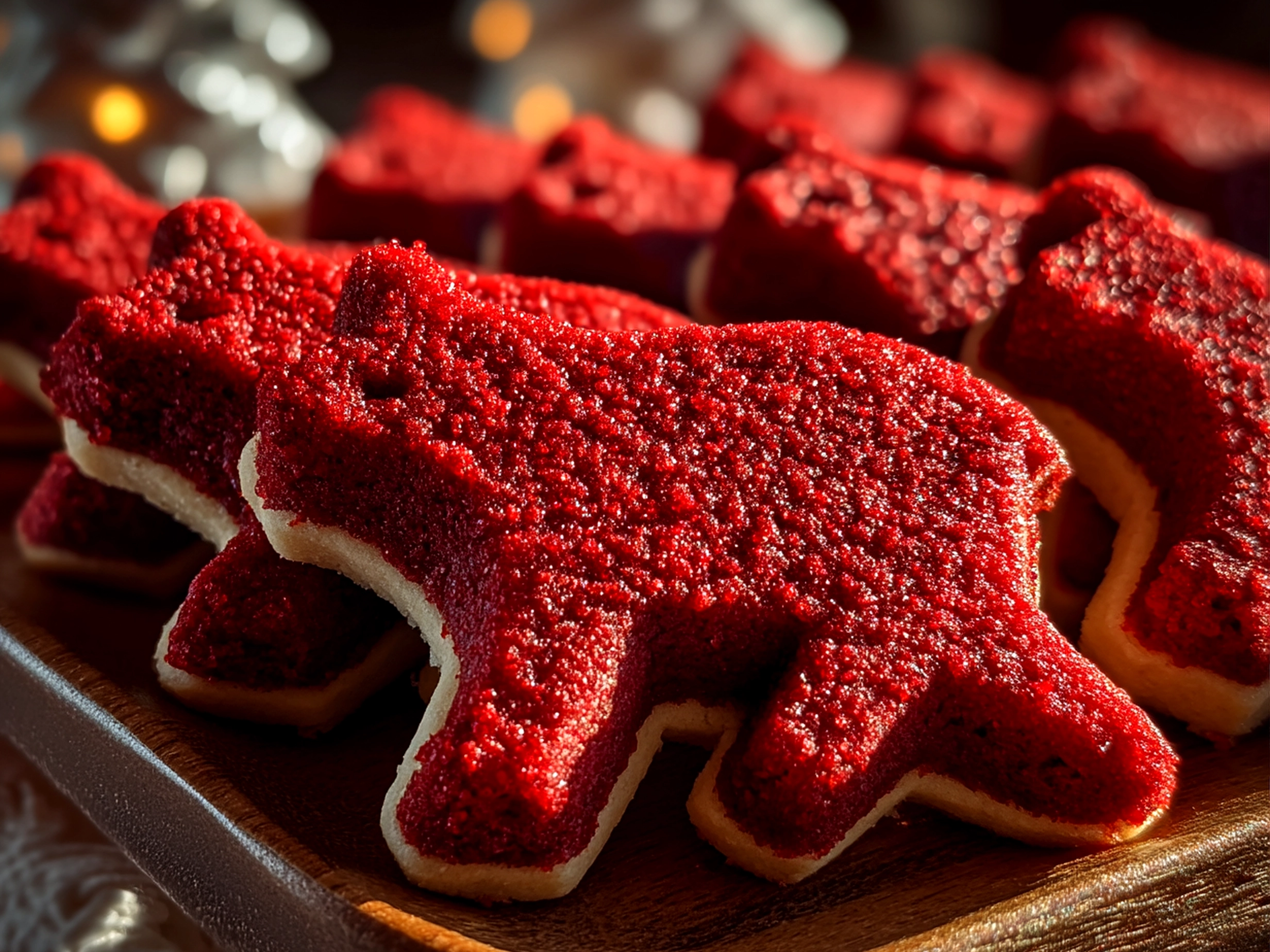 Close up of finished Red Velvet Bear Cookies on serving platter