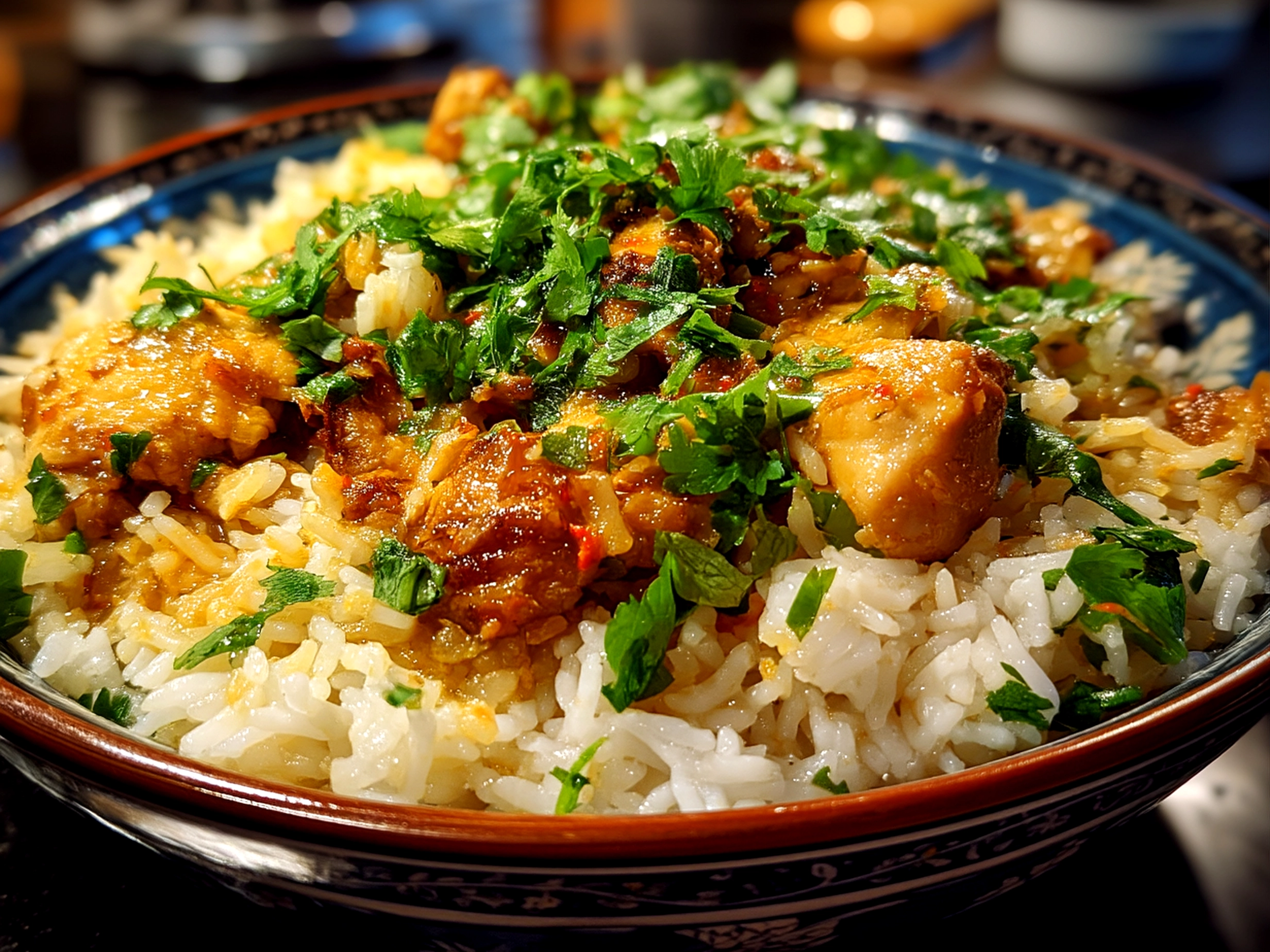 Close up of a finished delicious chicken ginger rice dish with fresh vibrant colors