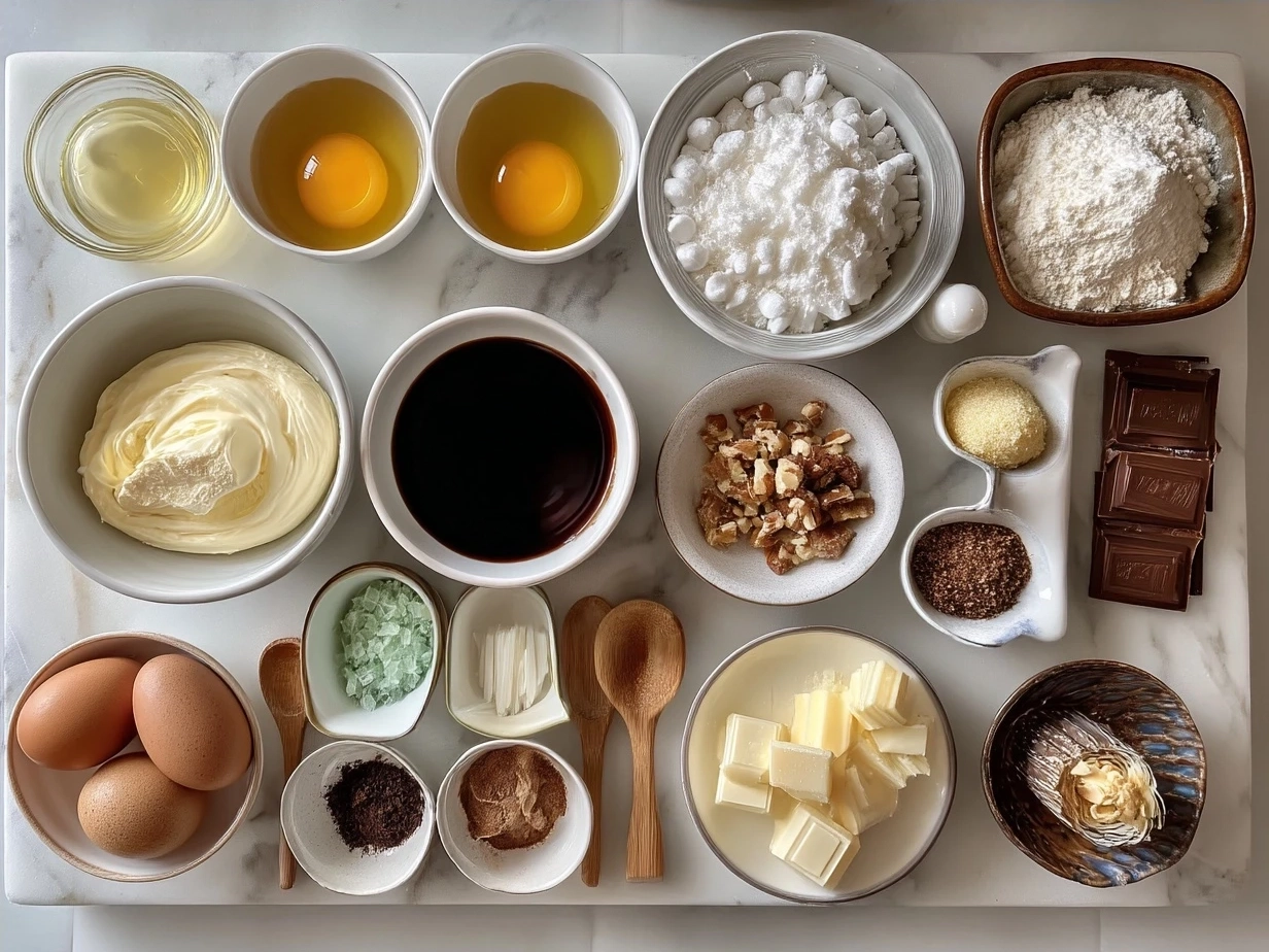 Ingredients for Andes Mint Mini Cheesecakes laid out on a table