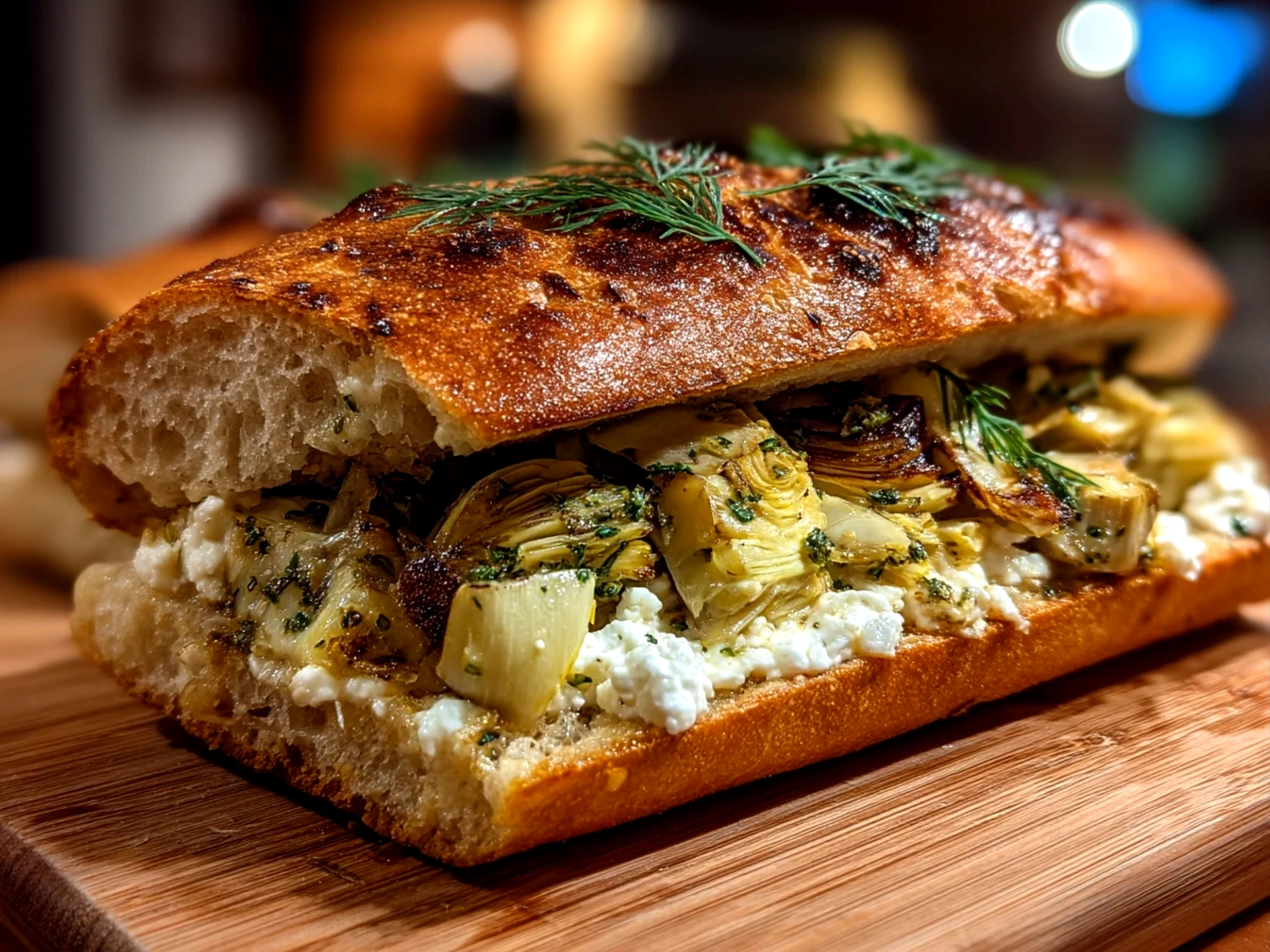 A beautifully presented Artichoke Sandwich served with carrot sticks and fruit on a colorful plate
