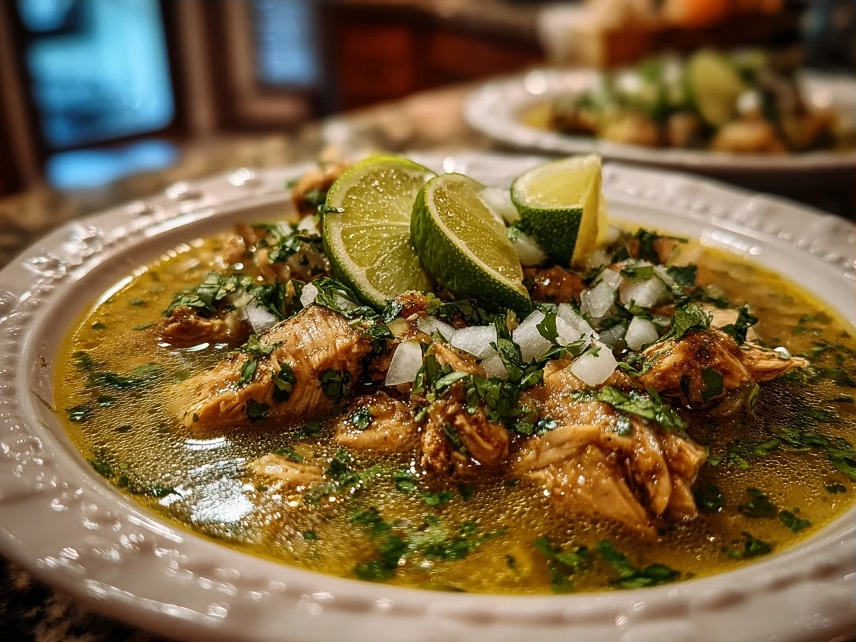 A comforting bowl of Authentic Crockpot Chicken Pozole Verde served with fresh toppings and lime wedges