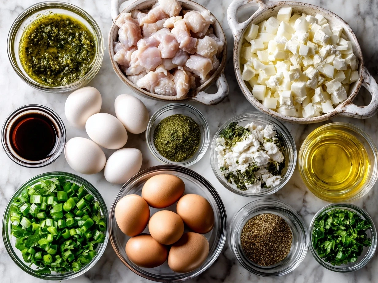 Ingredients laid out for making Authentic Crockpot Chicken Pozole Verde including tomatillos, chicken thighs, vegetables and spices