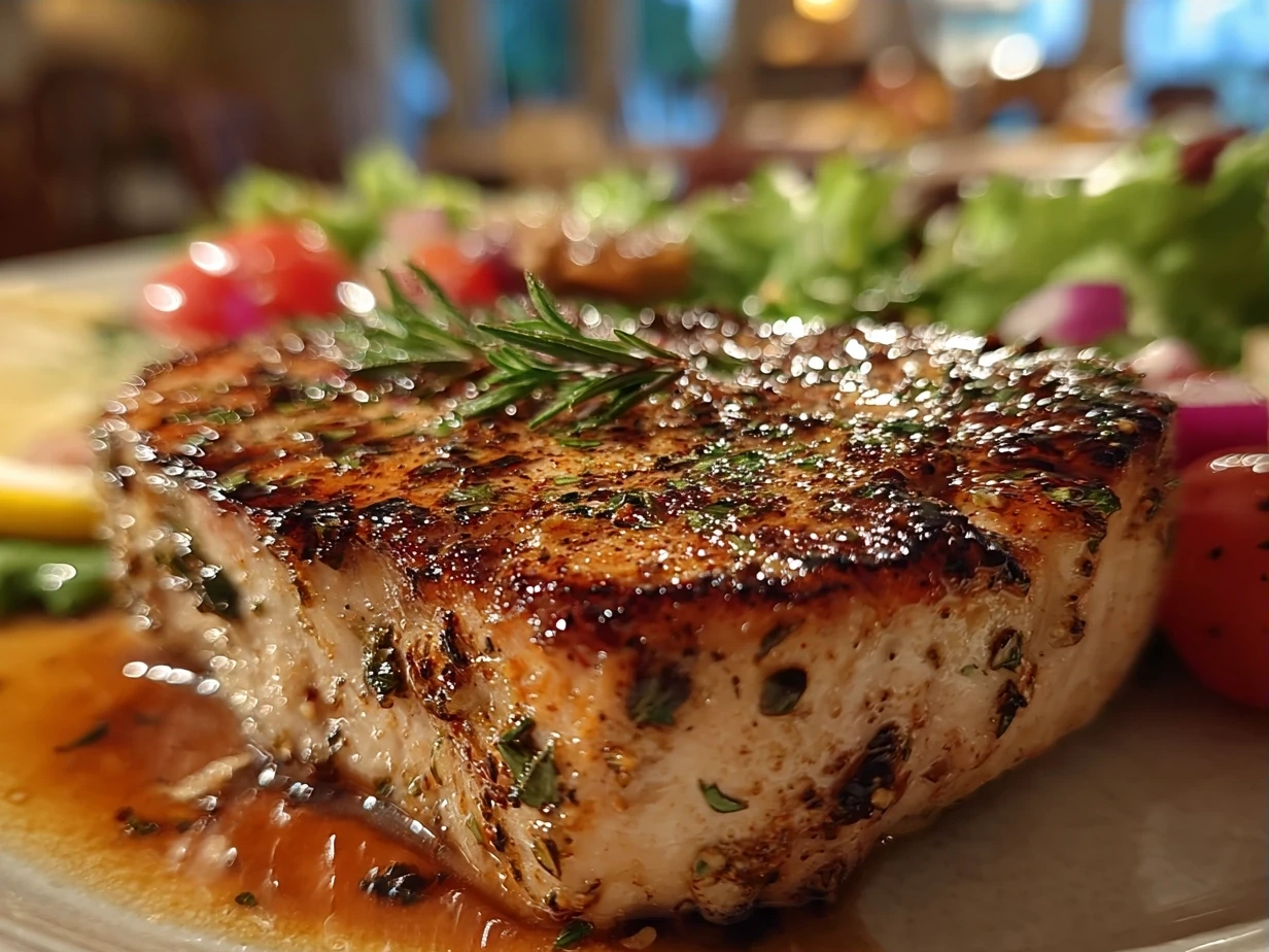 Final plated baked swordfish with lemon wedges and parsley garnish