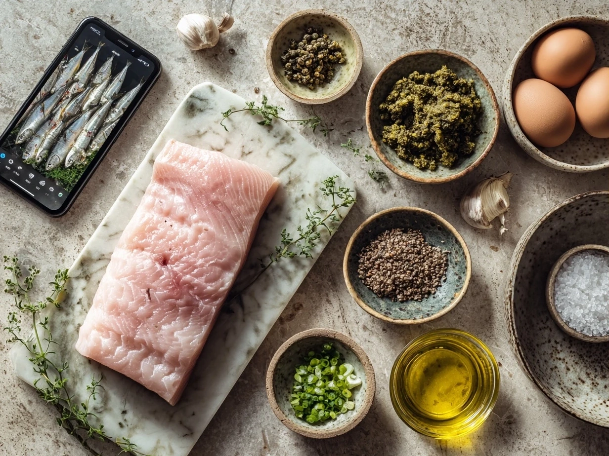 Ingredients for baked swordfish including olive oil, garlic, lemon, smoked paprika, and fresh swordfish steaks