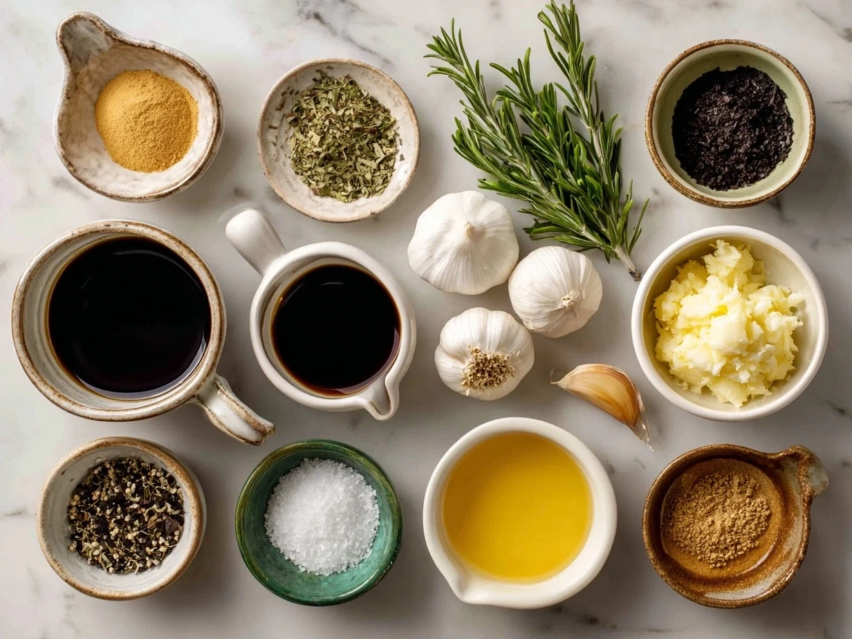 Ingredients for a simple balsamic vinaigrette recipe laid out on a table
