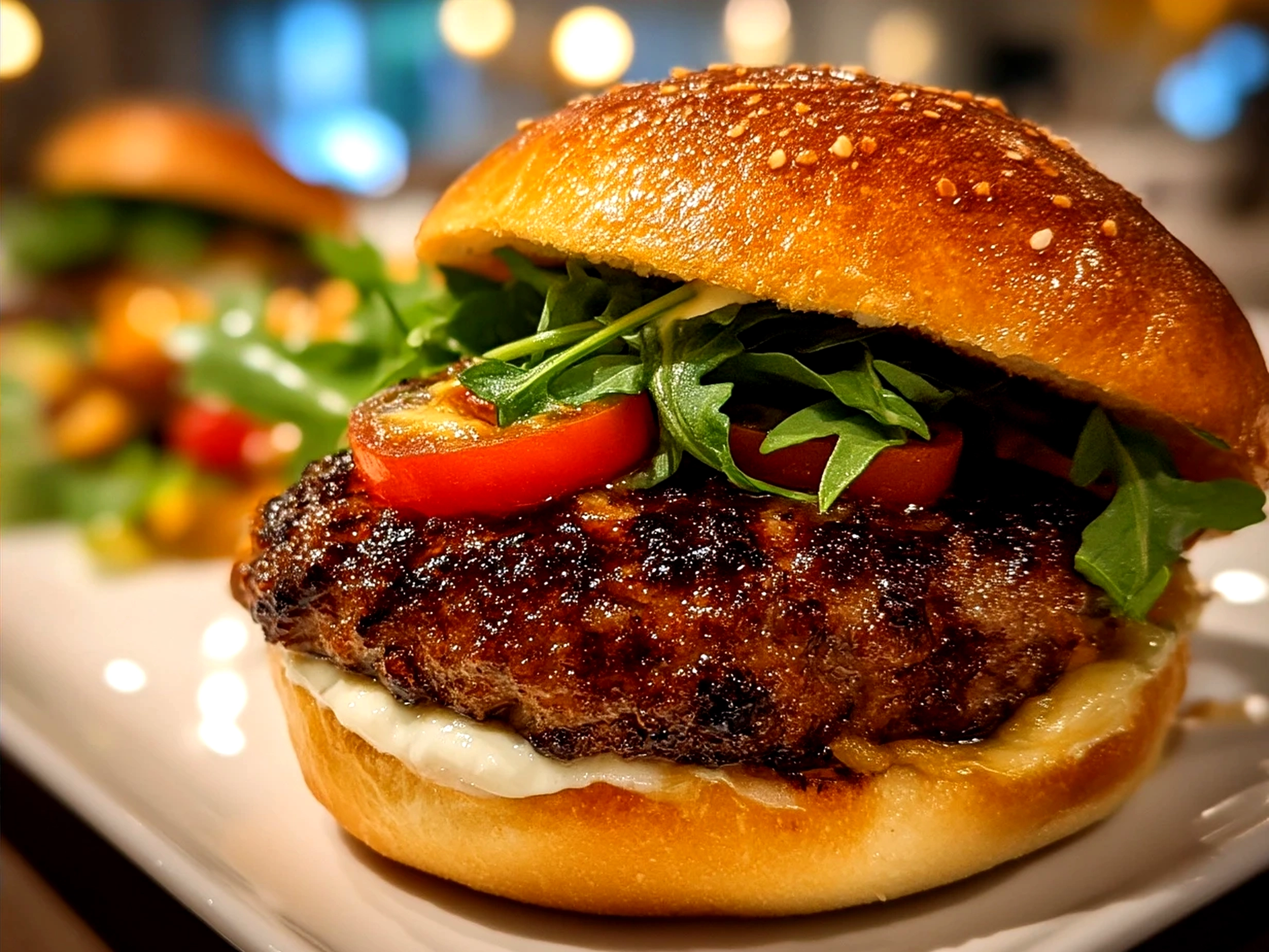 Fully assembled Beef Burger served on a plate with fresh toppings and sides