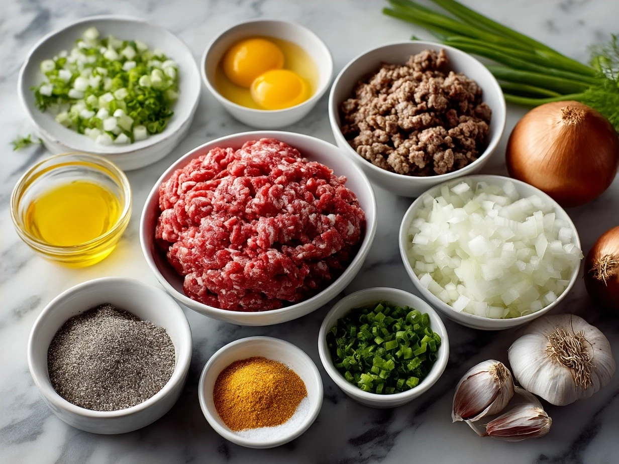Ingredients for Beef Burger including ground beef, buns, cheese, lettuce, tomato, and pickles