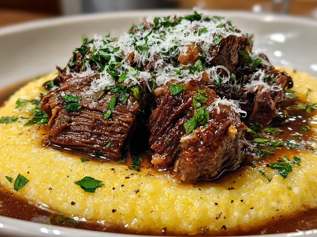 Serving of Beef Short Rib Ragu with Creamy Parmesan Polenta on a plate