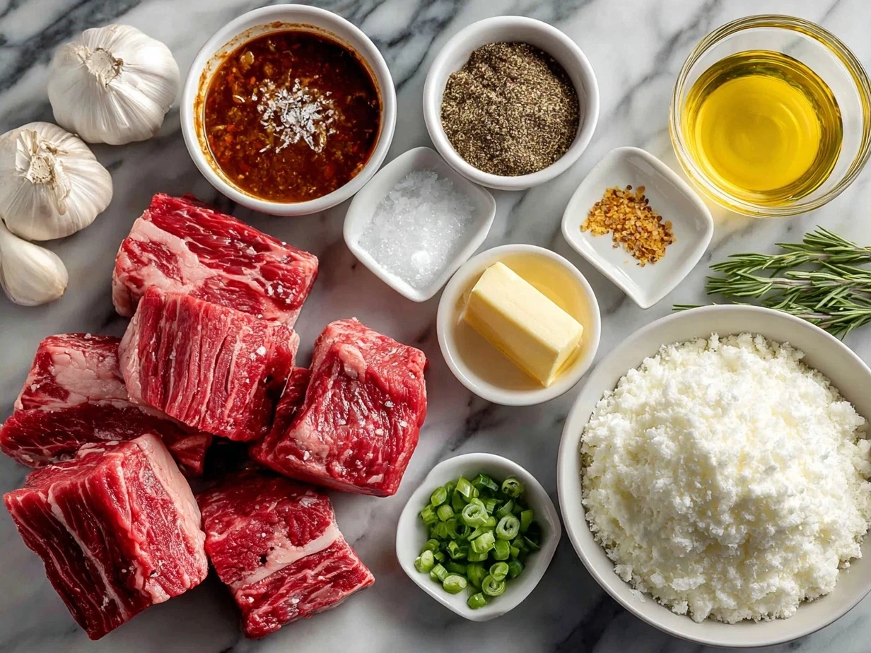 Ingredients laid out for Beef Short Rib Ragu with Creamy Parmesan Polenta