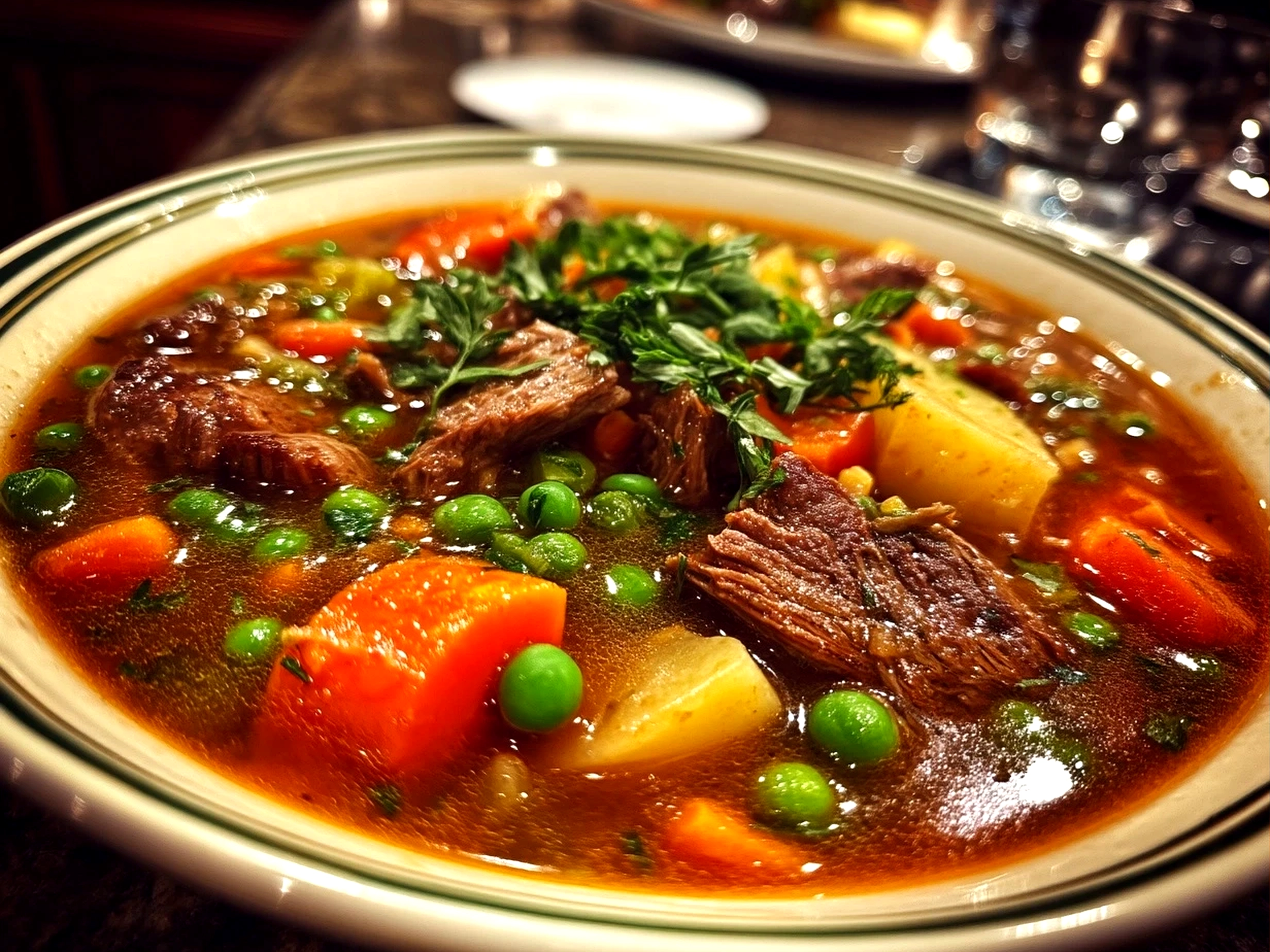 Serving bowl of hearty beef vegetable soup with vegetables and beef chunks