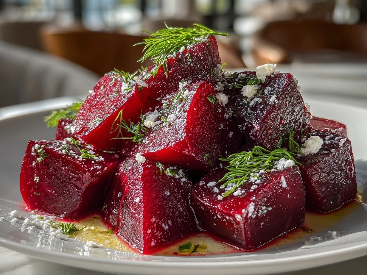A freshly prepared comforting beet salad with arugula, goat cheese, and walnuts ready to serve.