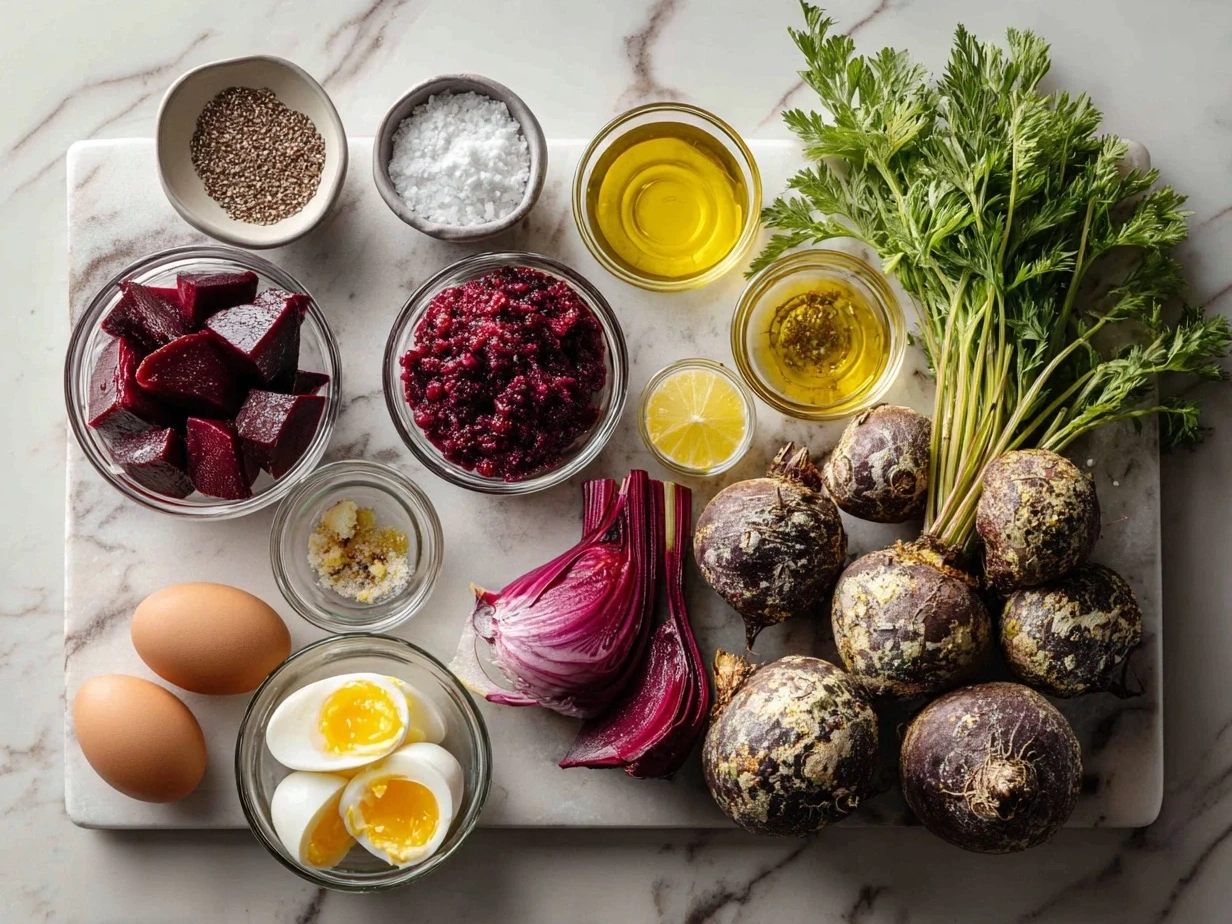 Ingredients for a comforting beet salad including beets, arugula, goat cheese, walnuts, olive oil, balsamic vinegar, honey, and Dijon mustard.