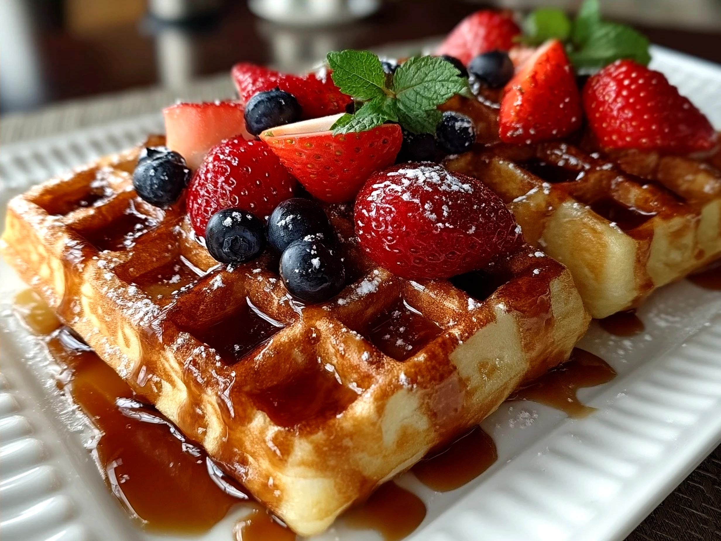 Serving of golden crispy Belgian Waffles topped with fresh berries and syrup