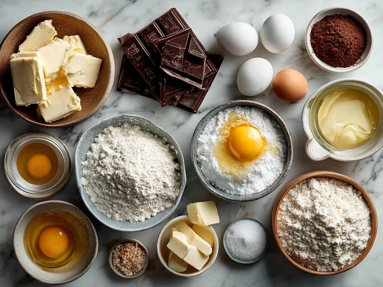 Ingredients for making Belgian Waffles including flour, eggs, milk, butter, and vanilla