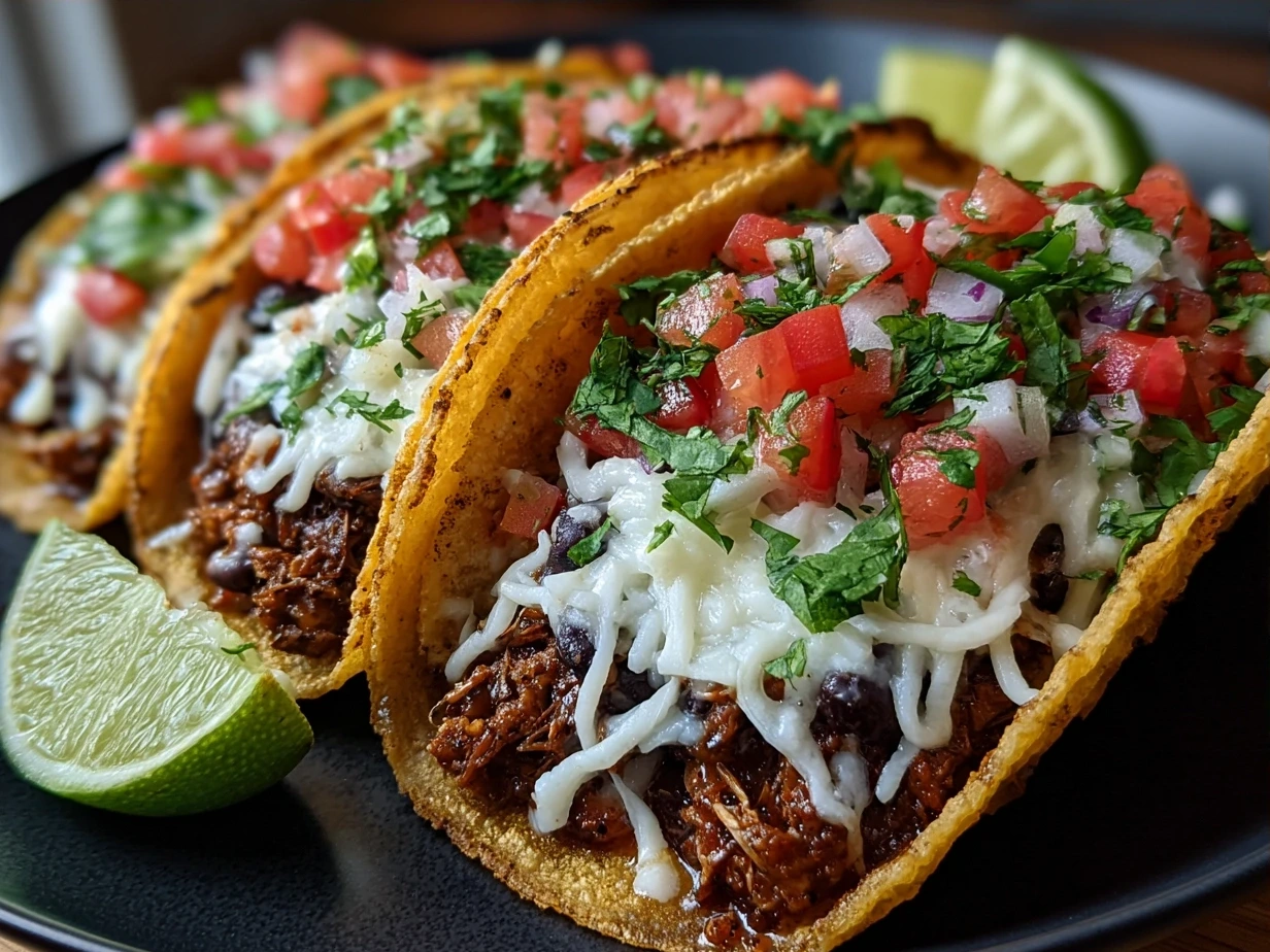 A serving of Black Bean Tacos garnished with avocado, tomatoes, and lime wedges on a colorful plate