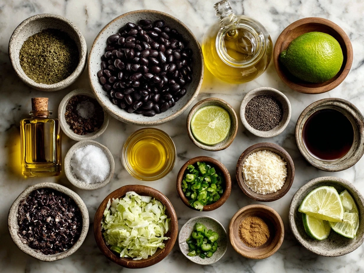 Ingredients for Black Bean Tacos on a wooden table with spices and vegetables