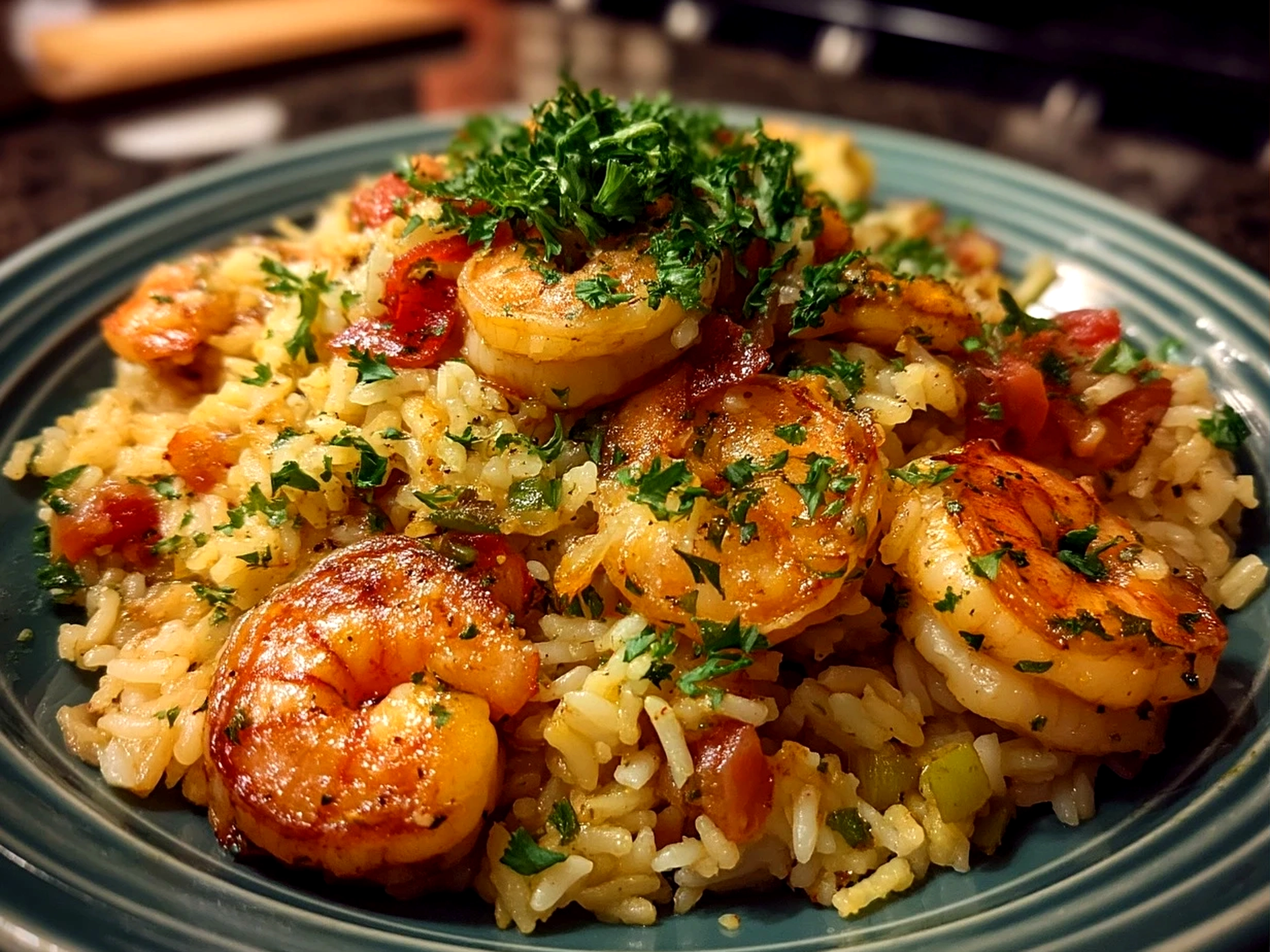 Close up finished delicious shrimp dirty rice in a warm appetizing bowl