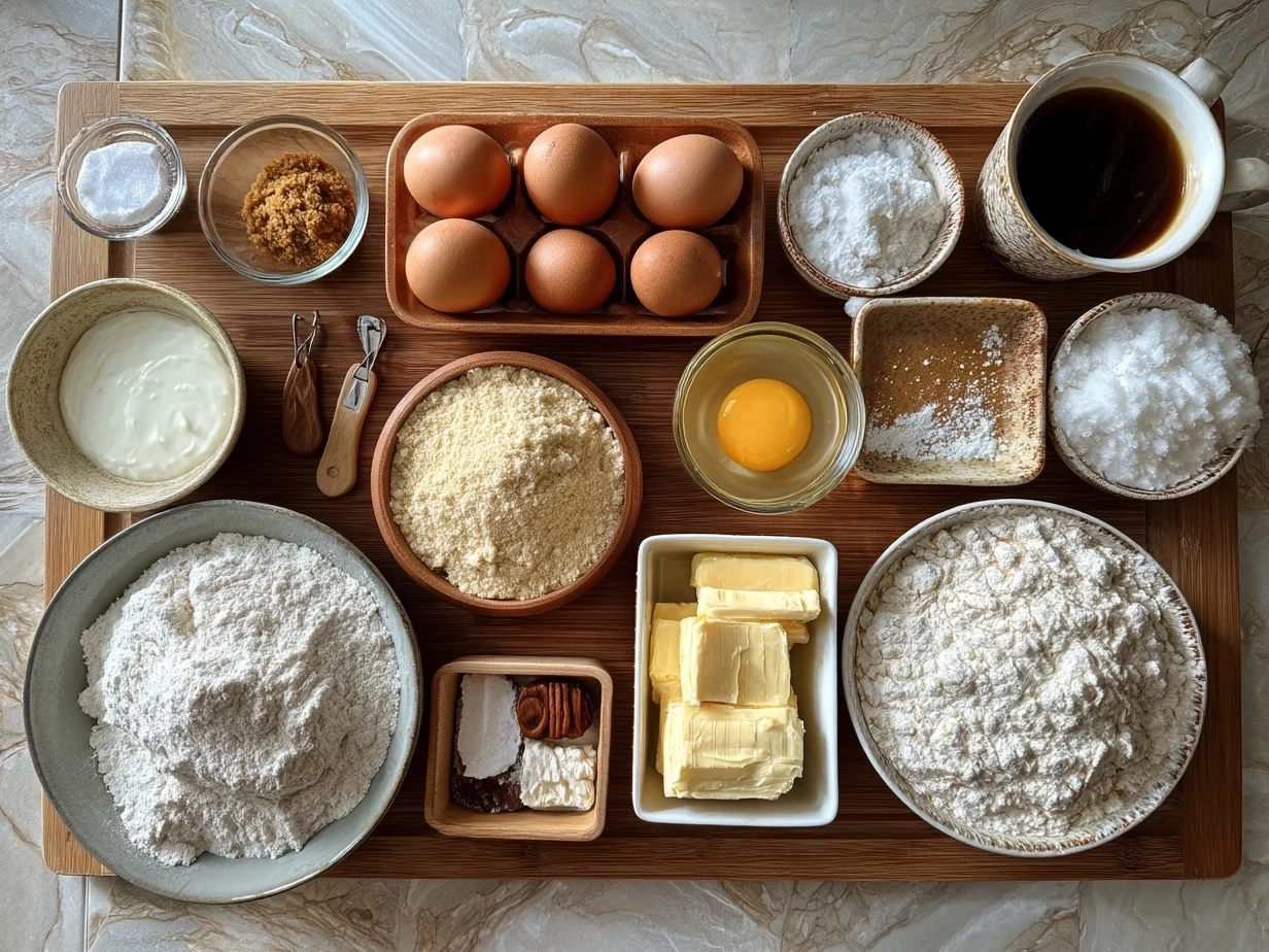Ingredients for making Bomboloni alla Crema: flour, sugar, yeast, milk, butter, eggs, custard ingredients