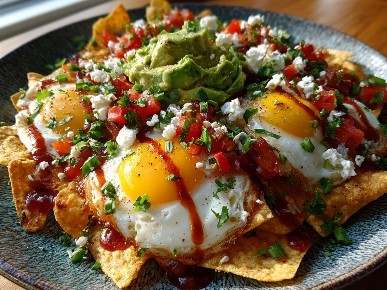 Served Breakfast Nachos topped with fresh cilantro, tomatoes, and sour cream