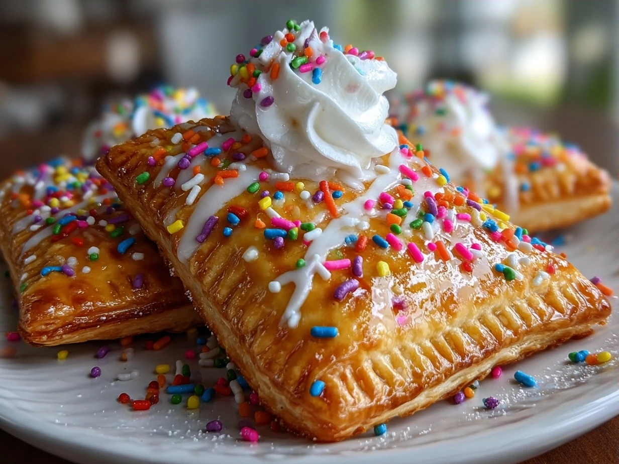 Plated homemade Breakfast Pop Tarts served with fresh fruit and a glass of milk