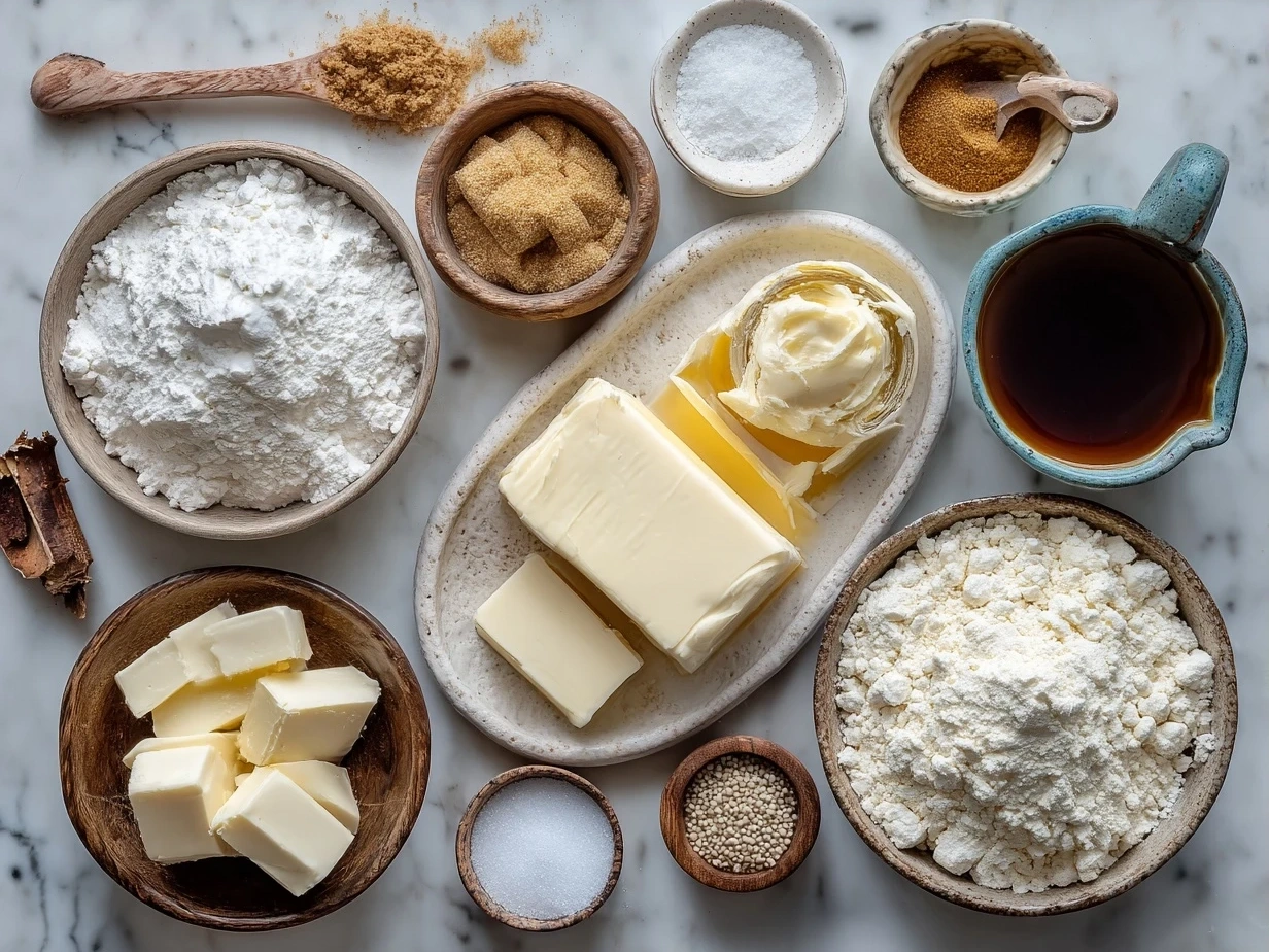 Ingredients for Brown Butter Cheesecake including graham cracker crumbs, browned butter, cream cheese, sugar, eggs, vanilla extract, salt, and sour cream