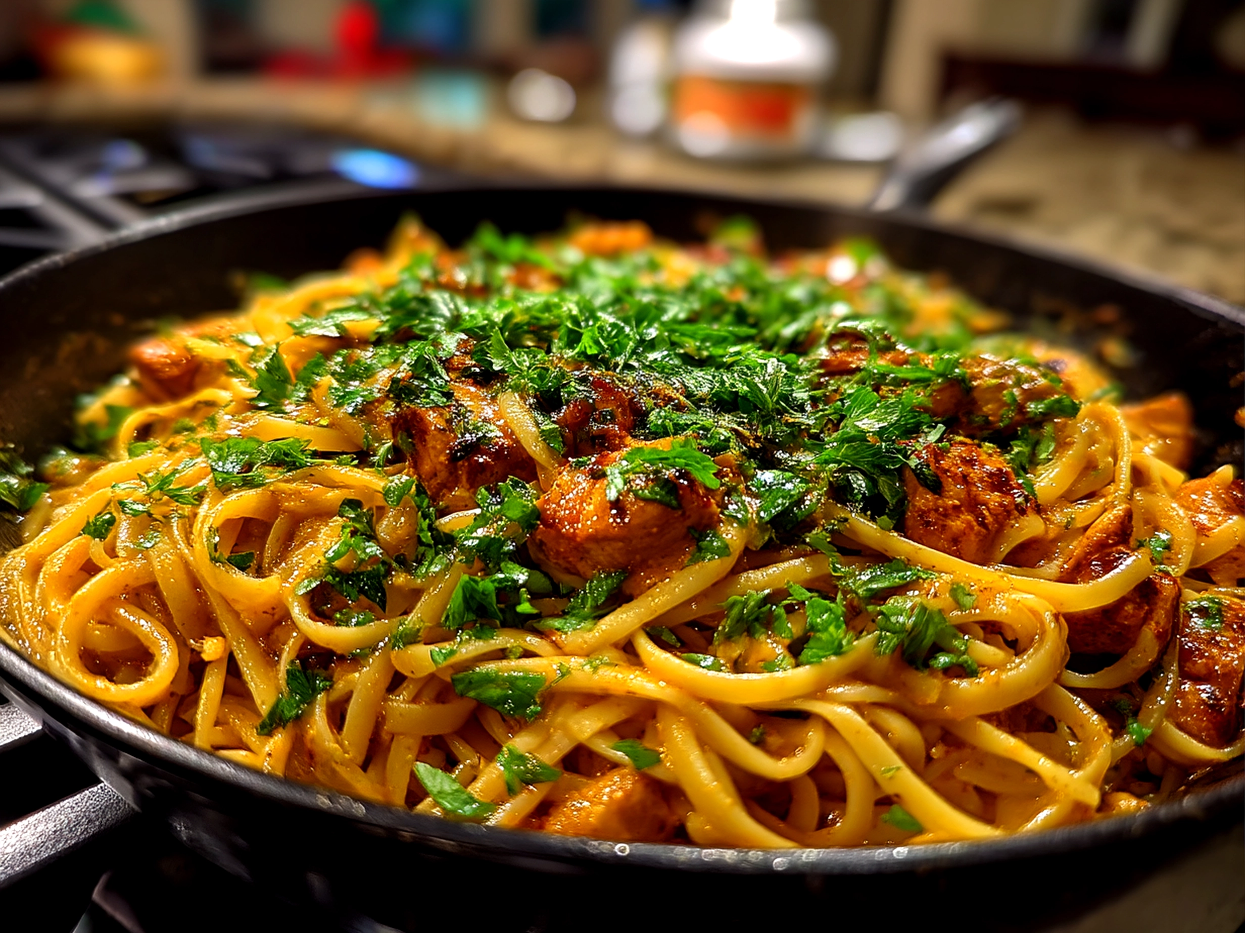 Serving of Butter Chicken Linguine with garnish on a dinner table