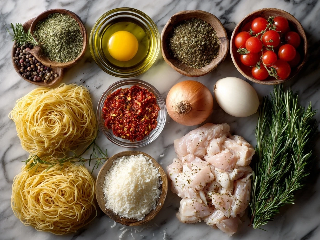 Ingredients for Cajun Chicken Pasta laid out on a kitchen counter