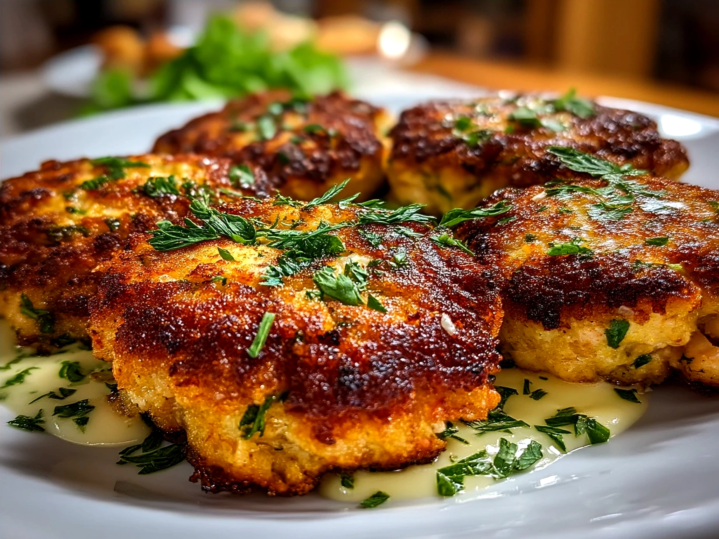 Golden crispy canned salmon cakes served on a plate with lemon wedge and fresh greens