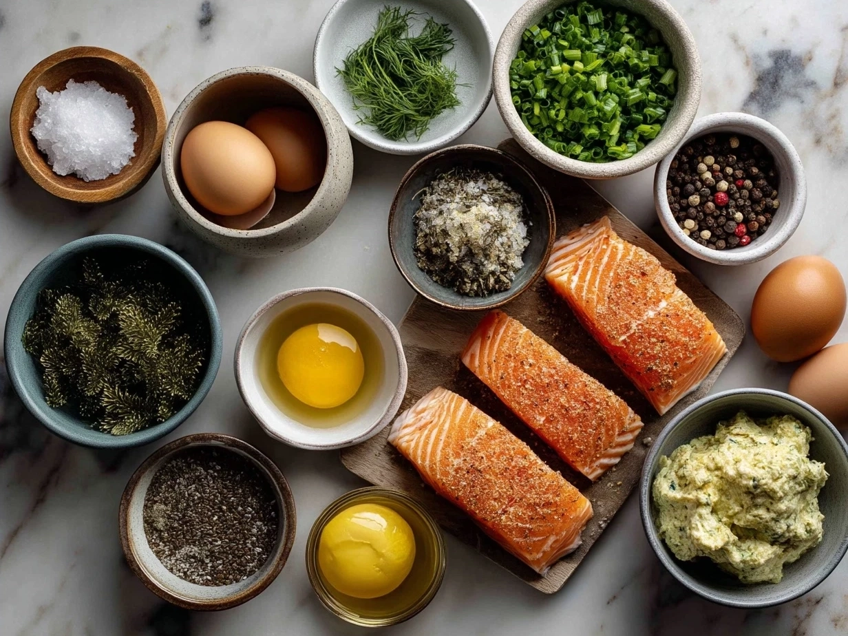 Ingredients for making canned salmon cakes laid out in bowls and containers