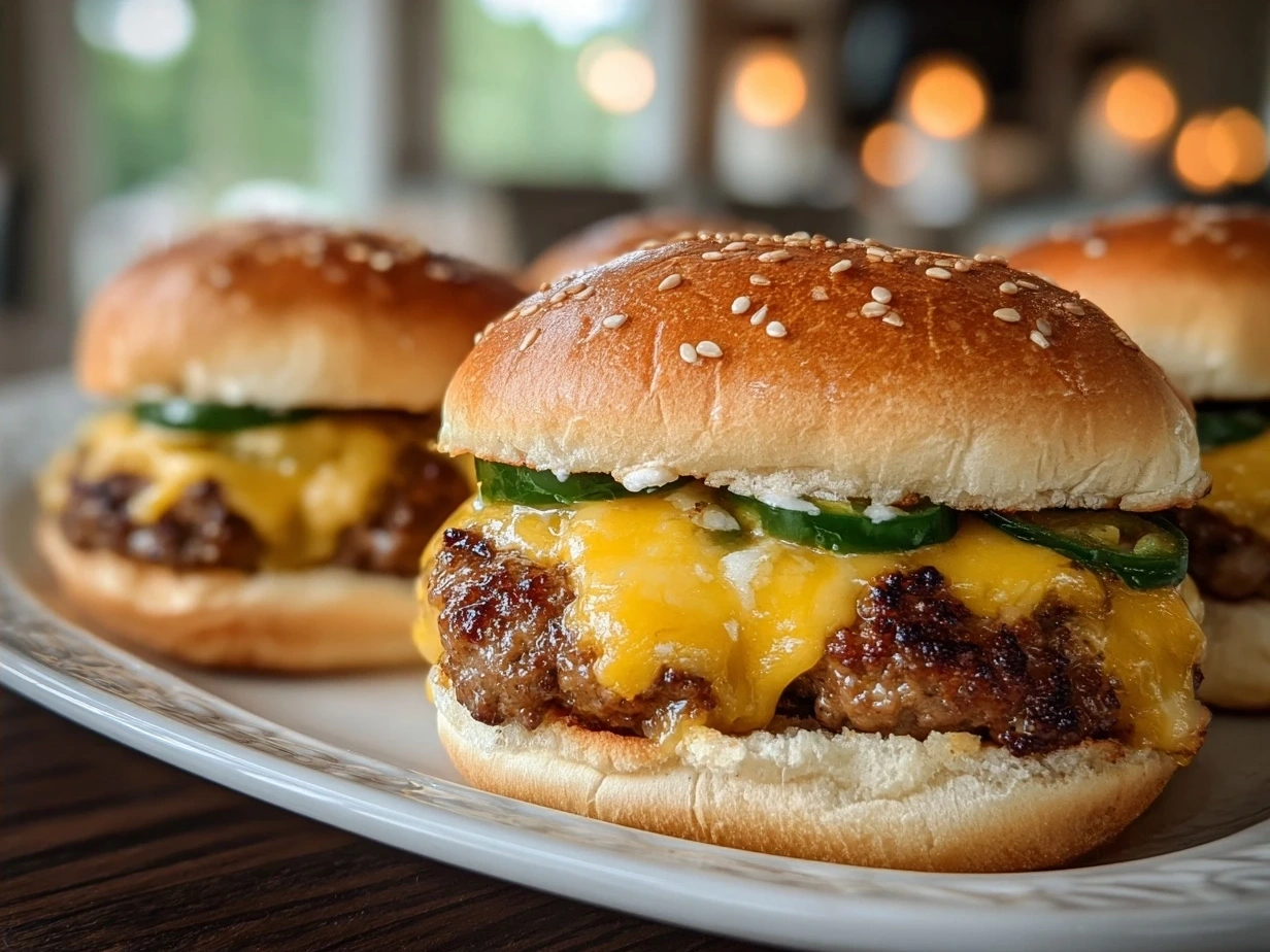 Final plated Cheddar Jalapeño Burgers ready to serve with fresh buns and toppings