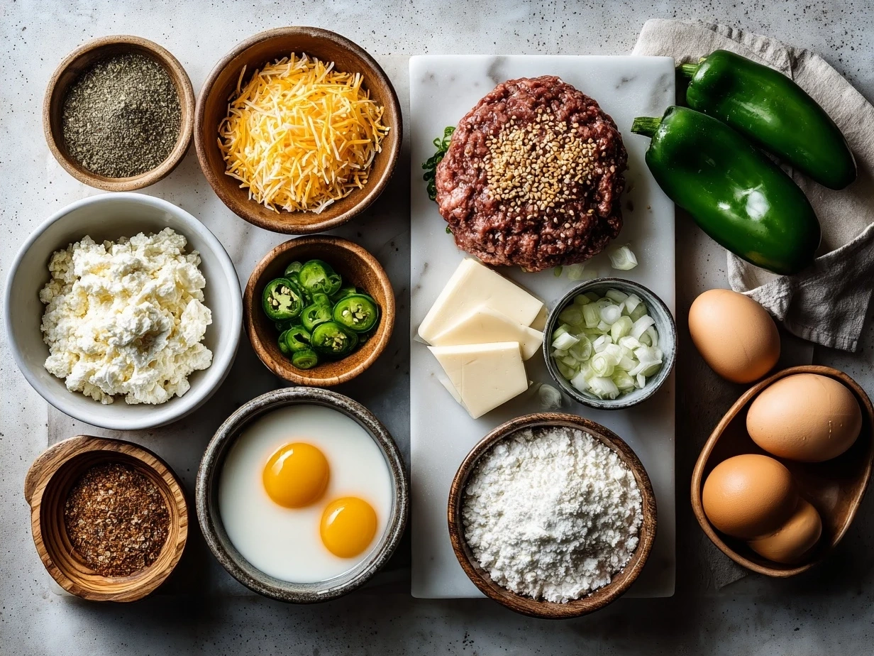 Ingredients laid out for Cheddar Jalapeño Burgers including ground beef, cheddar cheese, jalapeños, spices, and buns