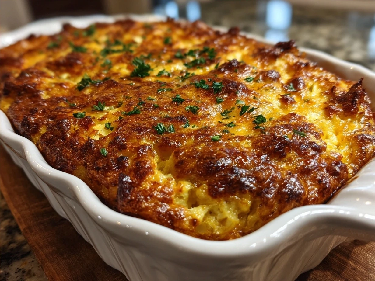 Final Cheesy Breakfast Casserole plated and ready to serve