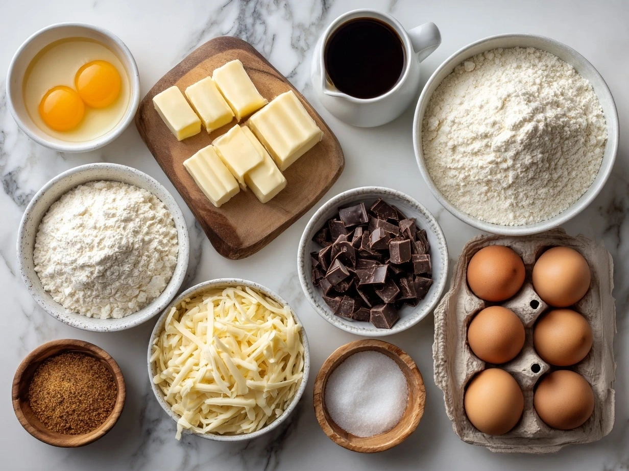 Ingredients for Cheesy Breakfast Casserole: eggs, cheddar cheese, milk, bread cubes, sausage, bell peppers, and green onions