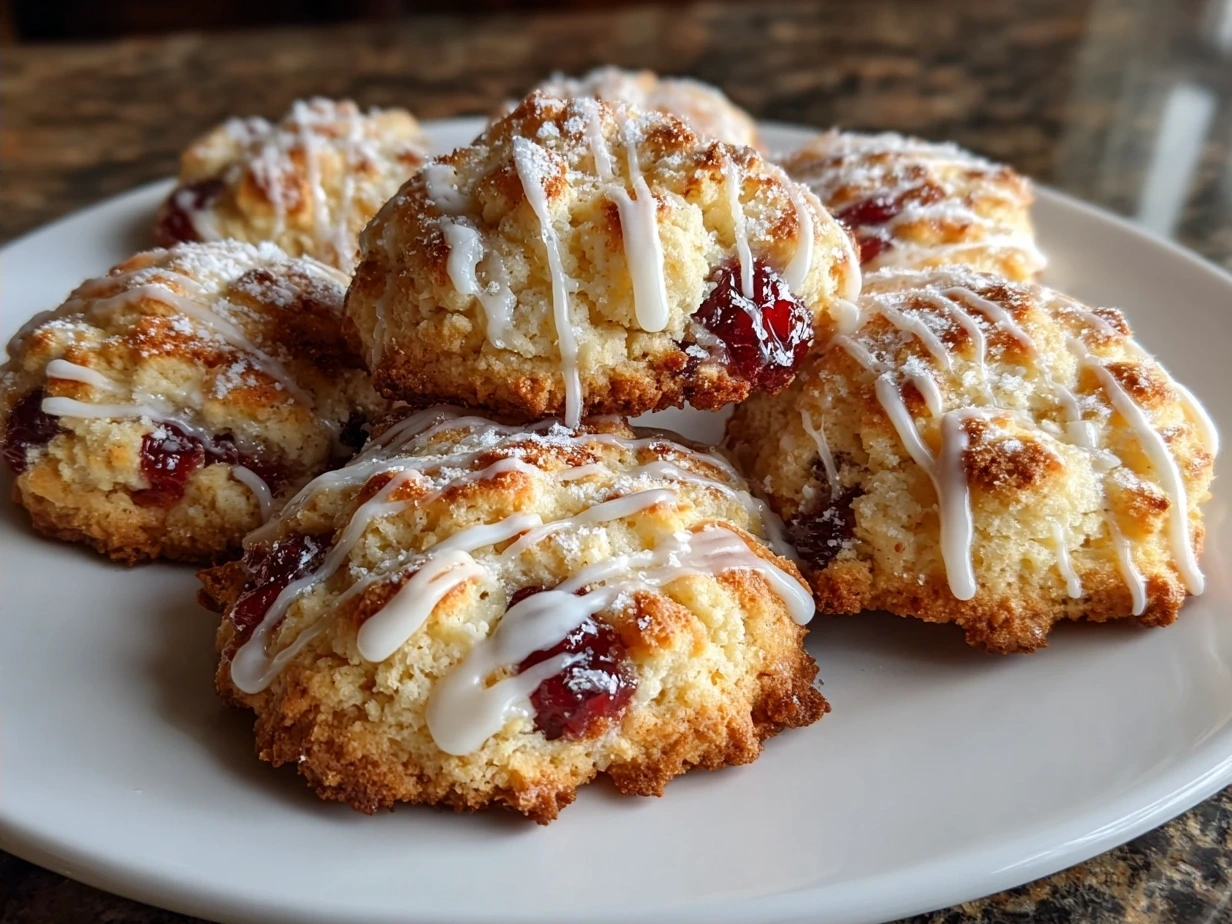Baked Cherry Blossom Cookies arranged on a white plate, some plain pink flowers, some with a delicate white drizzle glaze, showcasing their soft, appealing texture.