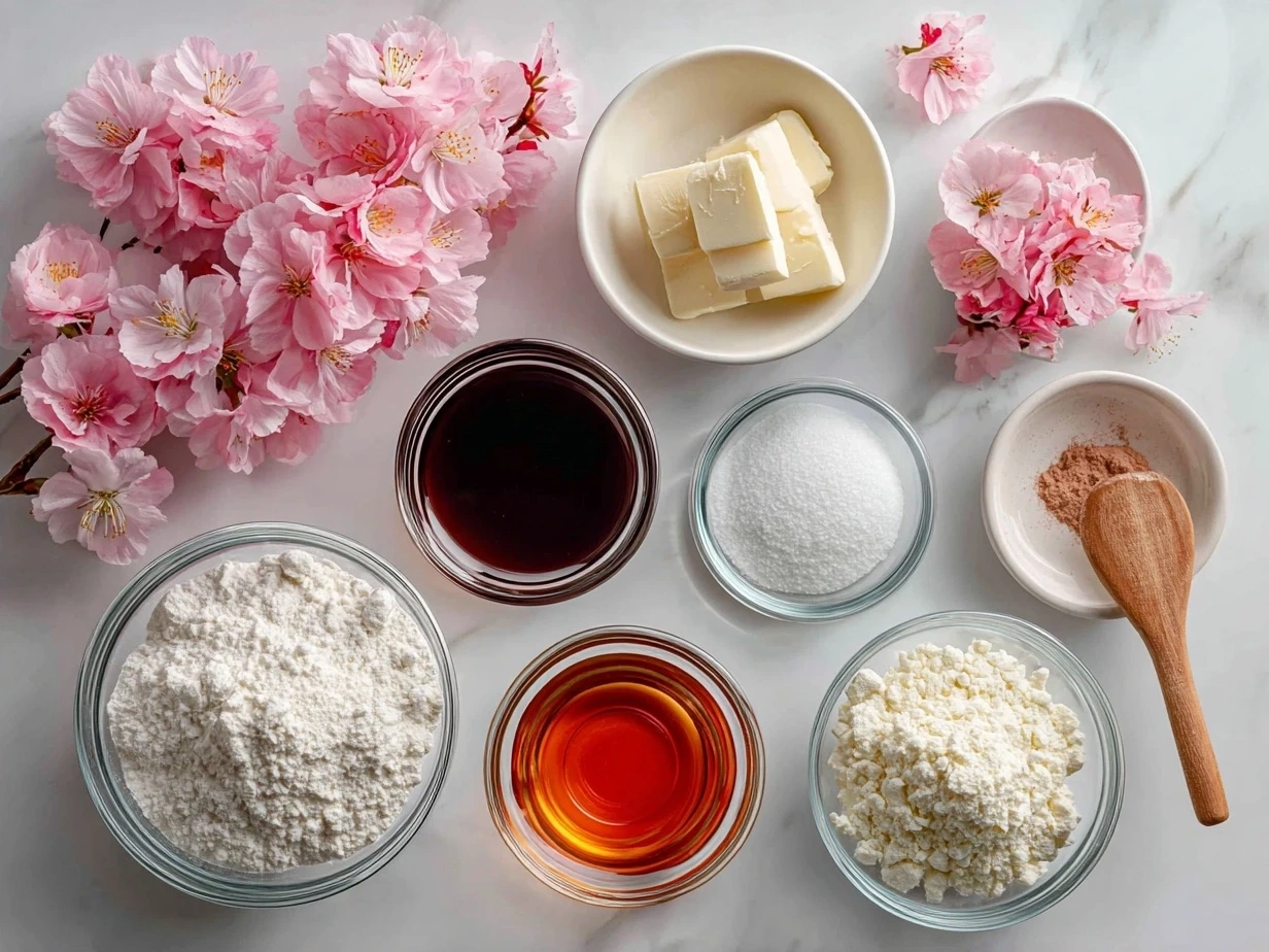 A spread of ingredients for Cherry Blossom Cookies, including butter, sugar, flour, eggs, and almond extract, neatly arranged on a kitchen counter.