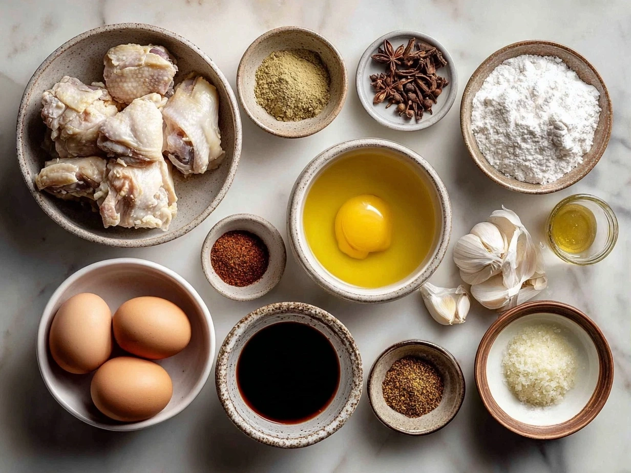Ingredients for Filipino Chicken Adobo arranged on a kitchen counter