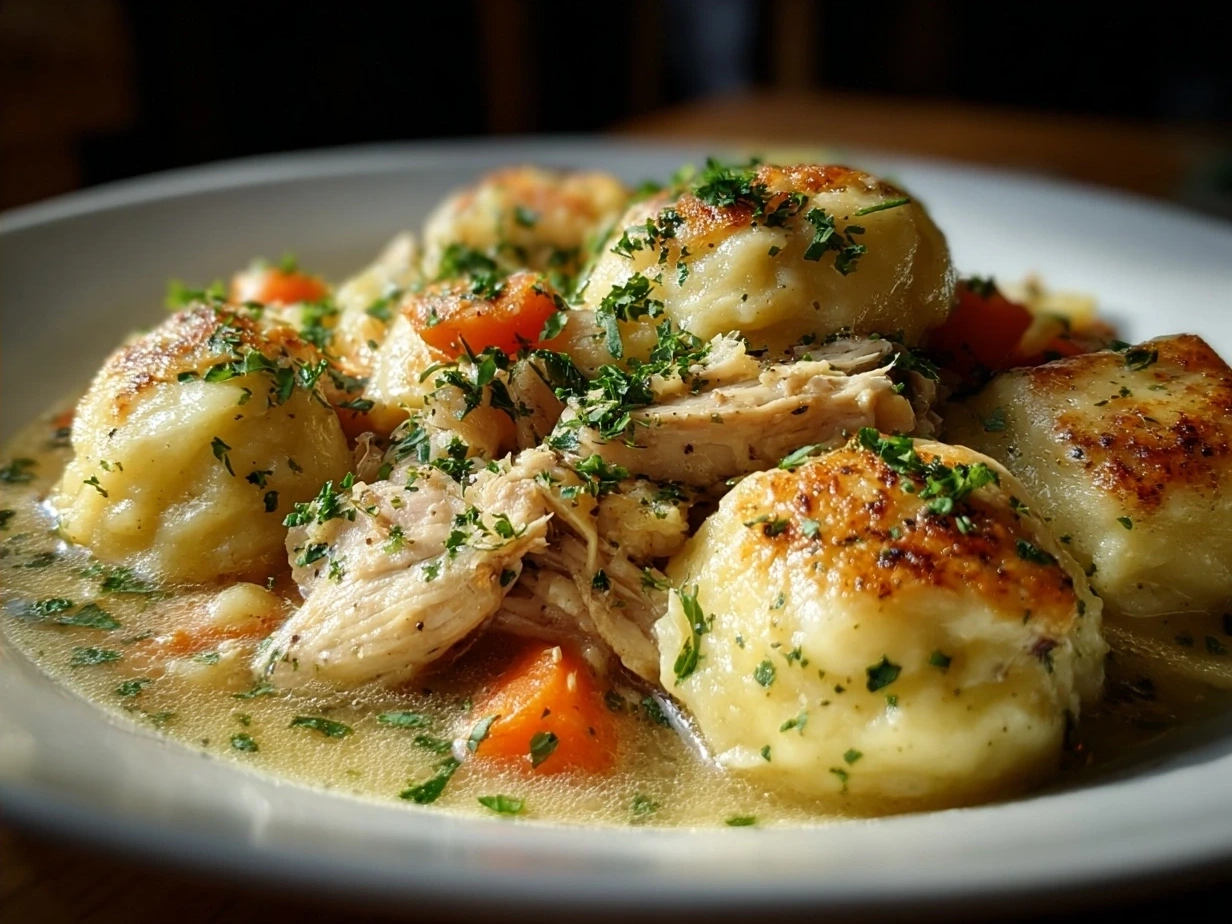 A comforting bowl of homemade chicken and dumplings sprinkled with fresh parsley