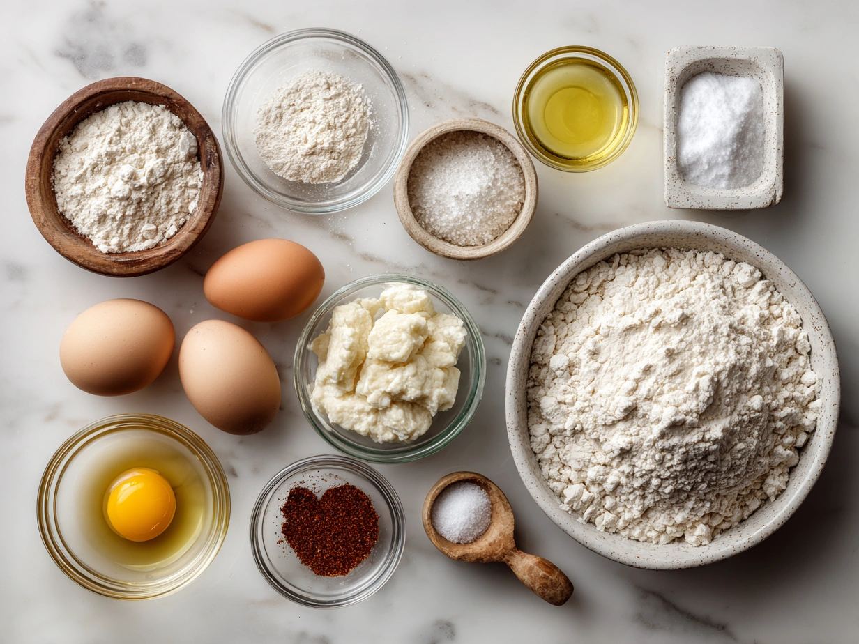 Ingredients for chicken and dumplings including chicken, broth, flour, vegetables, and spices