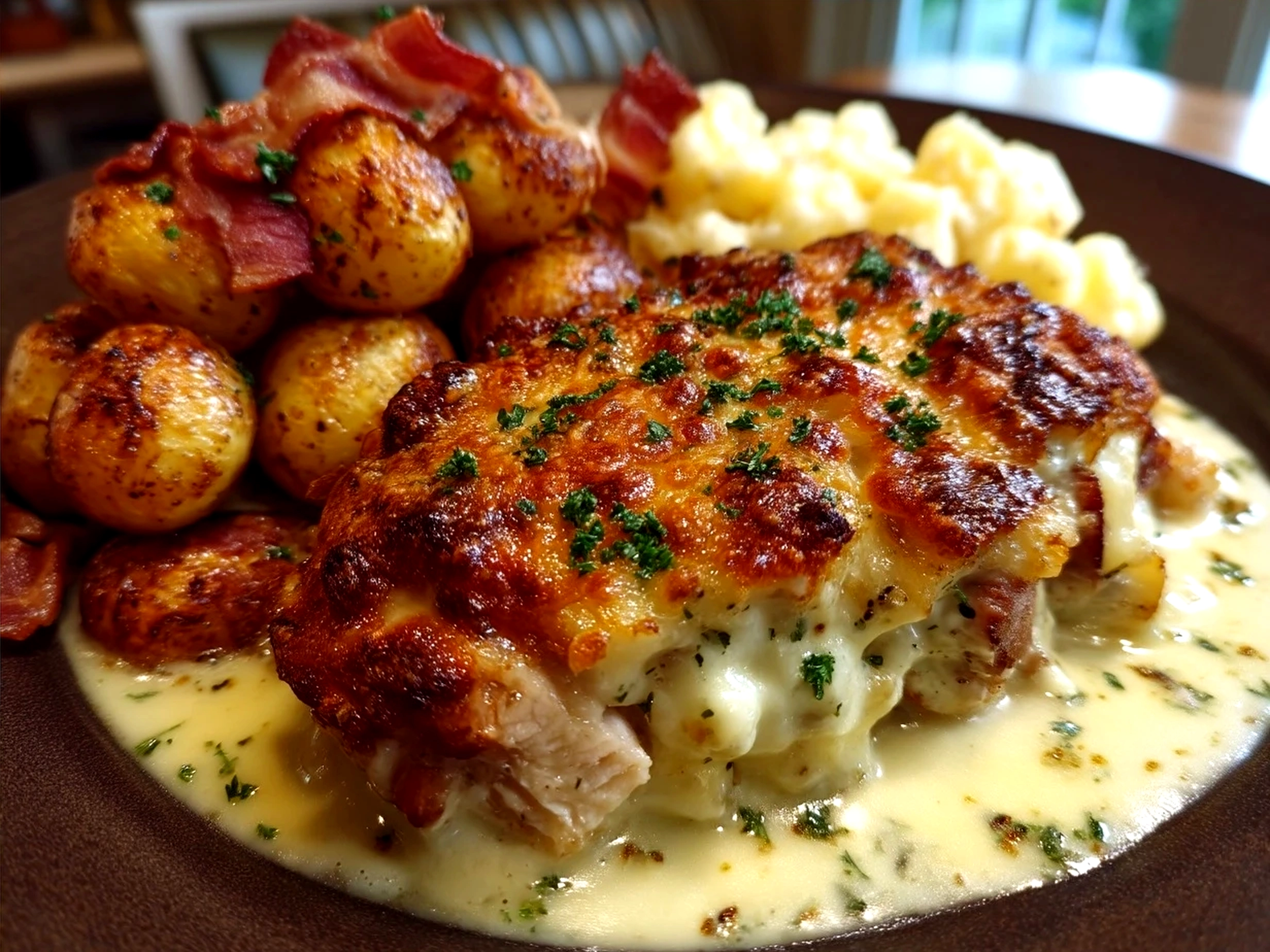 Serving of Chicken Cordon Bleu Casserole on a plate with garnishes and sides