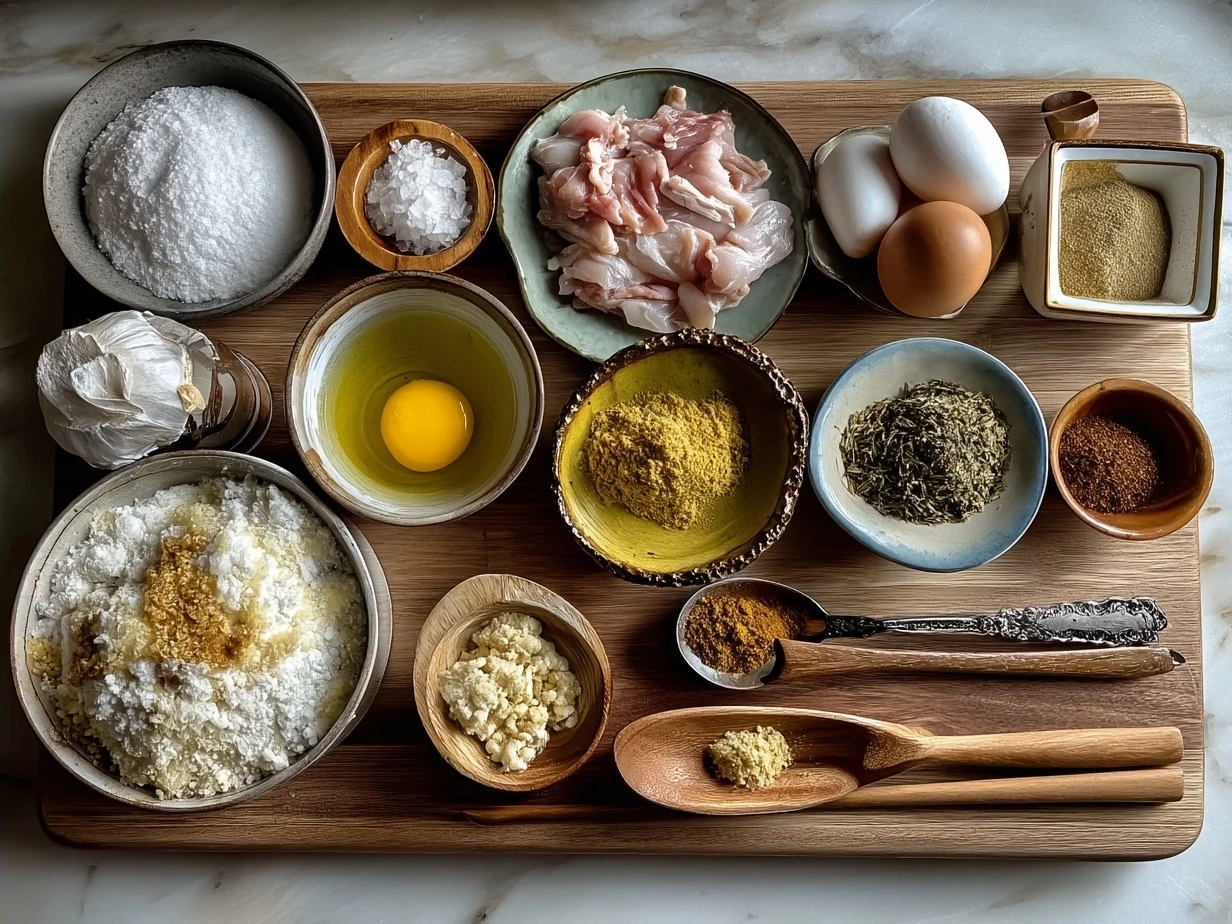 Ingredients for Chicken Cordon Bleu Casserole including shredded chicken, diced ham, Swiss cheese, cream of mushroom soup, mayonnaise, milk, garlic powder, black pepper, crackers and melted butter