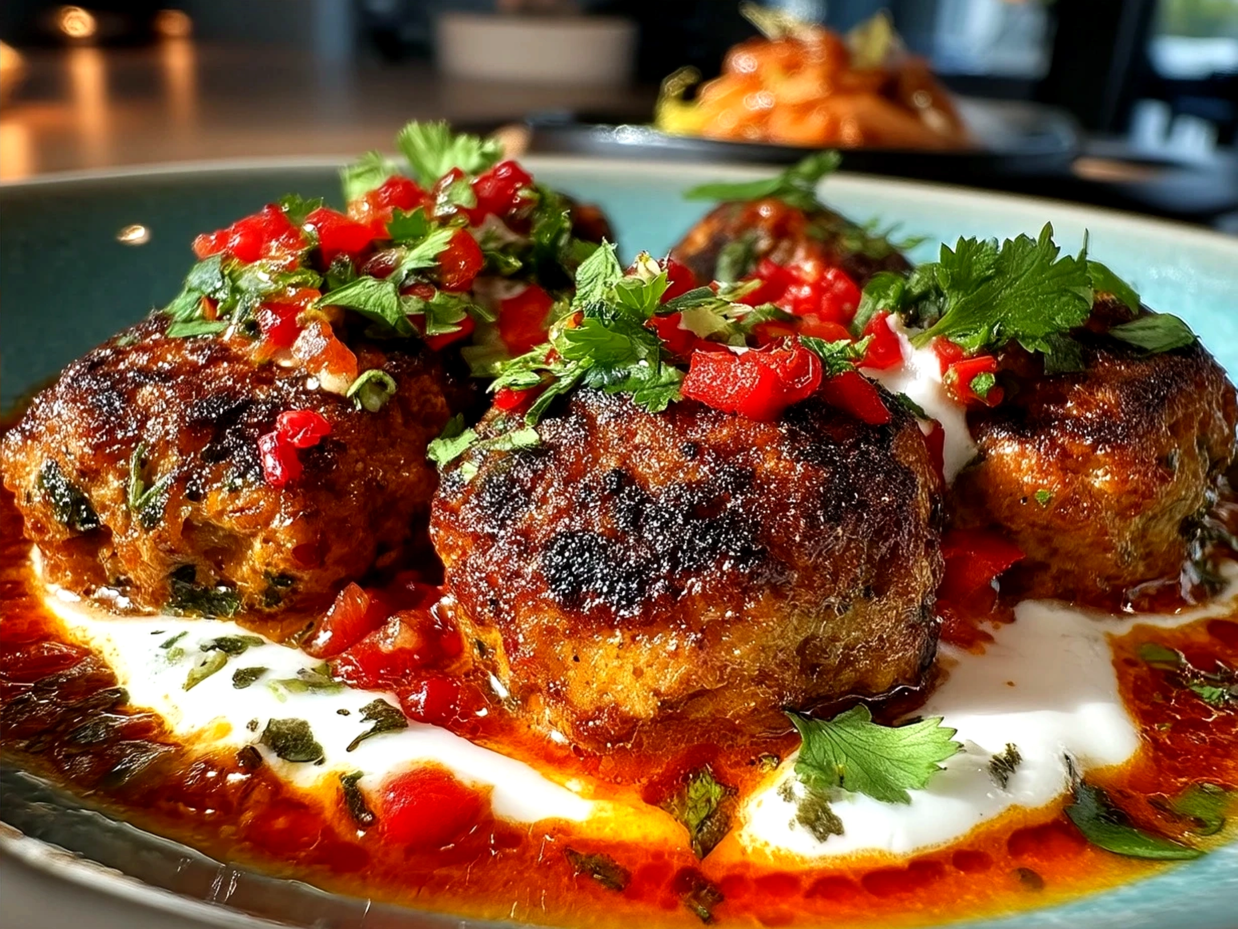 Plate of cooked Chicken Kofta Meatballs served with pita bread and cucumber yogurt dip