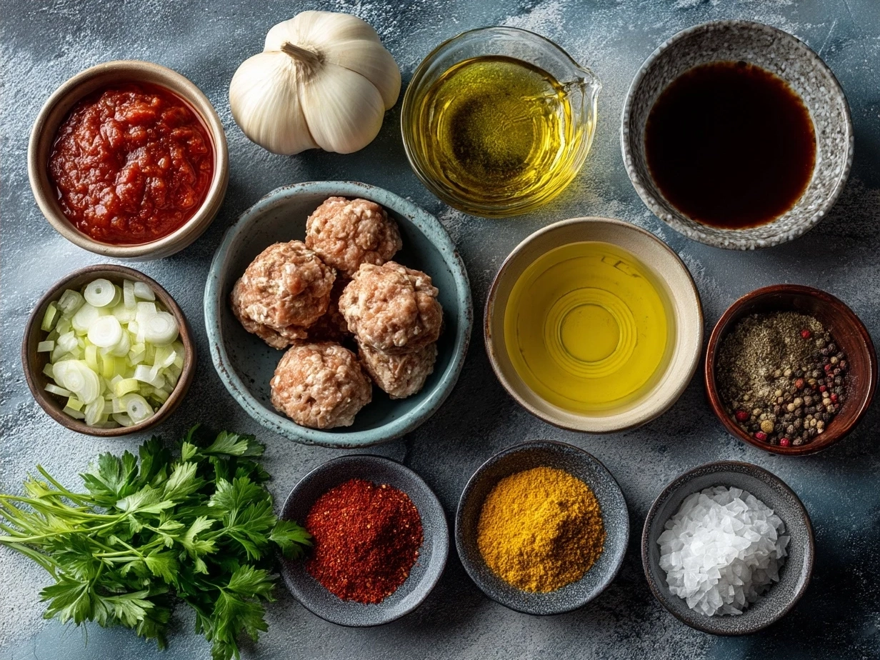 Ingredients for Chicken Kofta Meatballs including ground chicken, onions, garlic, parsley, spices, breadcrumbs, and egg