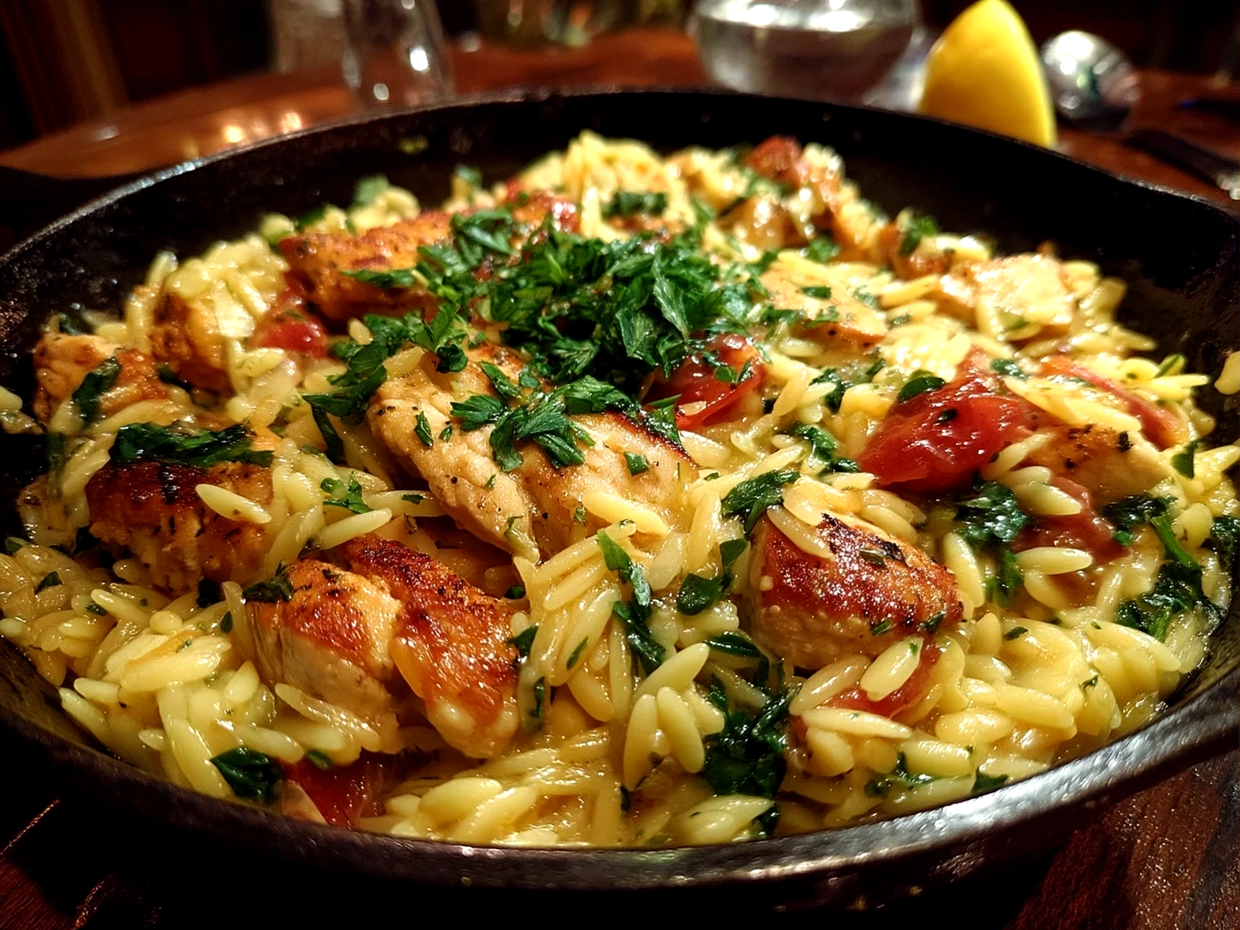 Serving of creamy Chicken Orzo Skillet garnished with feta and spinach in a bowl